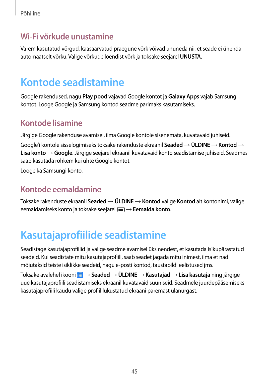 Samsung SM-P6050ZKASEB Kontode seadistamine, Kasutajaprofiilide seadistamine, Wi-Fi võrkude unustamine, Kontode lisamine 