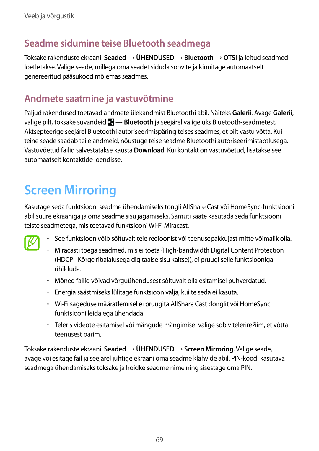 Samsung SM-P6050ZKASEB manual Screen Mirroring, Seadme sidumine teise Bluetooth seadmega, Andmete saatmine ja vastuvõtmine 