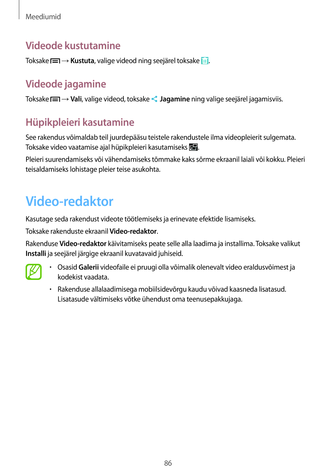 Samsung SM-P6050ZKESEB, SM-P6050ZWASEB manual Video-redaktor, Videode kustutamine, Videode jagamine, Hüpikpleieri kasutamine 