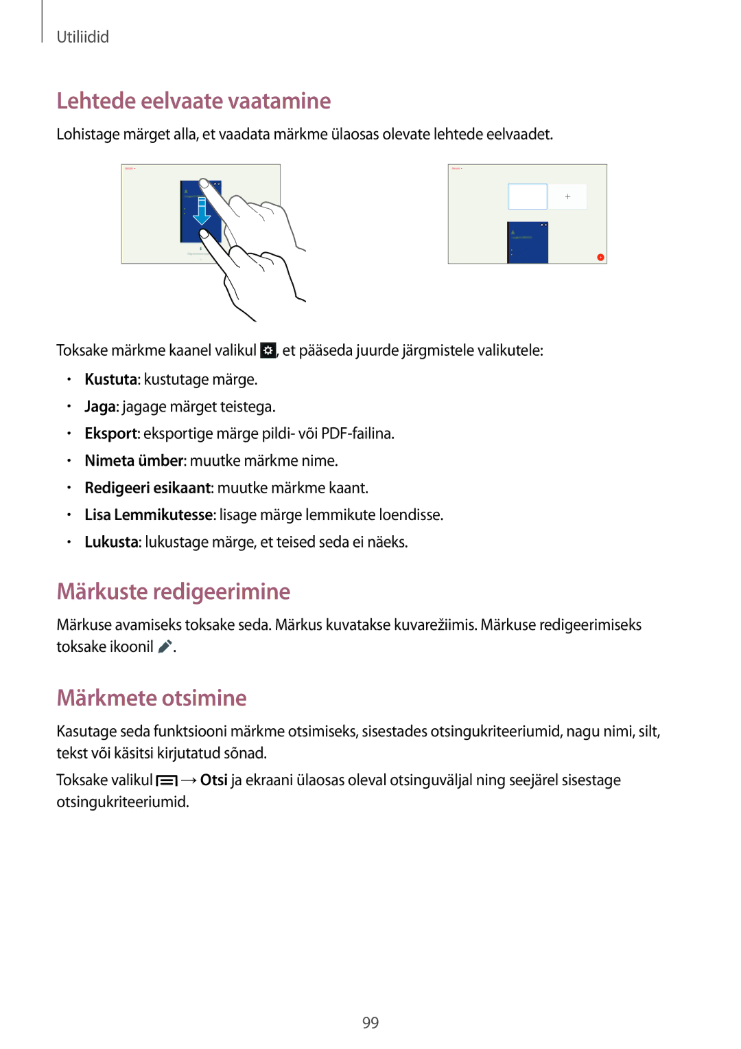 Samsung SM-P6050ZWESEB, SM-P6050ZWASEB manual Lehtede eelvaate vaatamine, Märkuste redigeerimine, Märkmete otsimine 