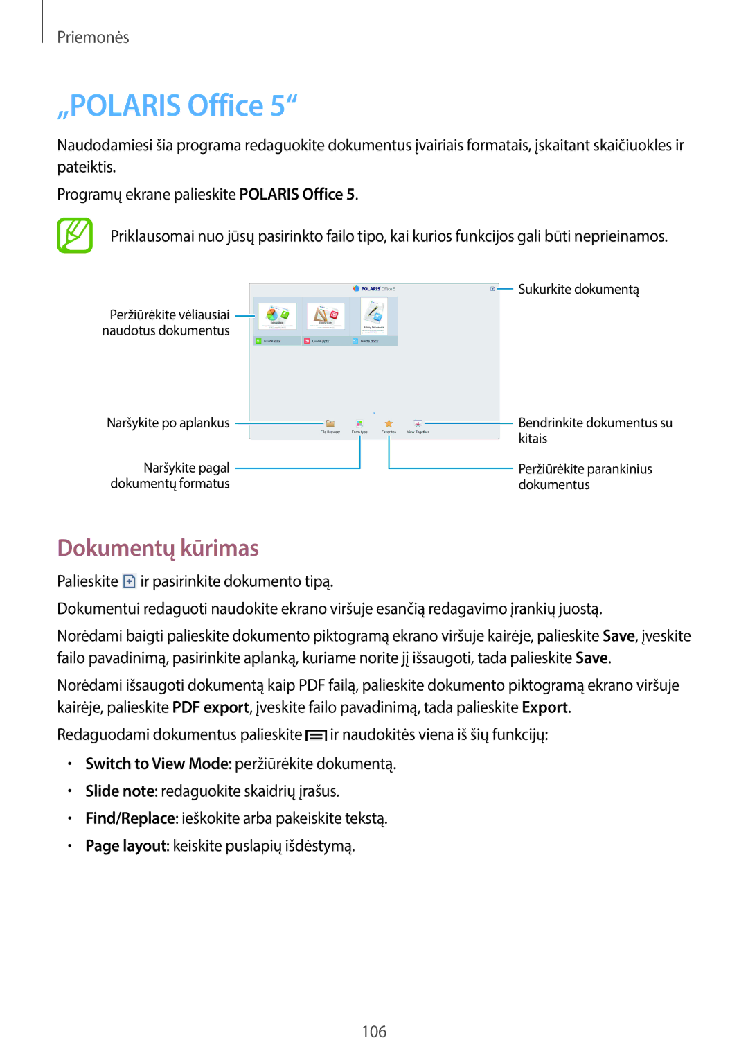Samsung SM-P6050ZKESEB, SM-P6050ZWASEB, SM-P6050ZKASEB, SM-P6050ZWESEB manual „POLARIS Office, Dokumentų kūrimas 