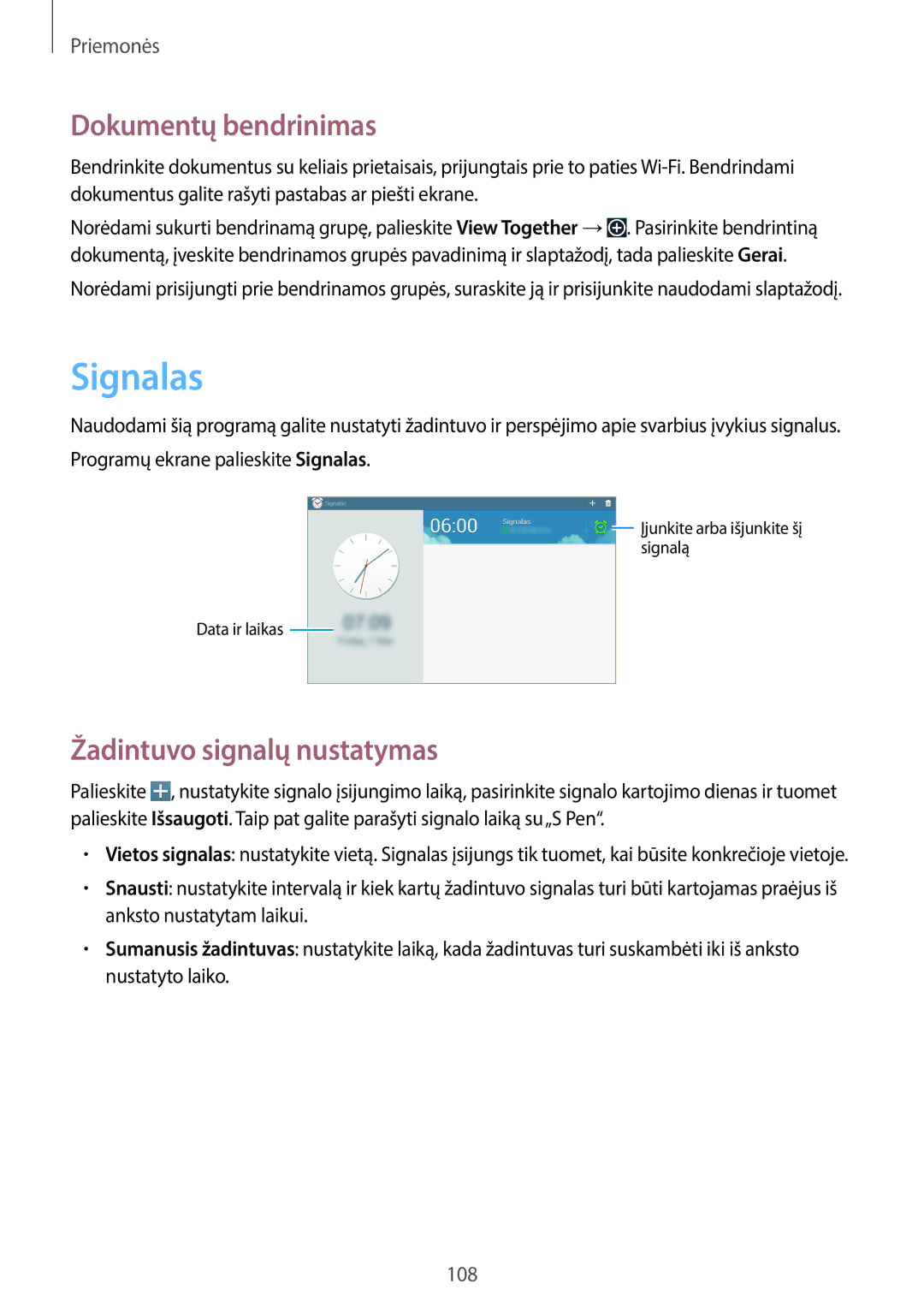 Samsung SM-P6050ZWASEB, SM-P6050ZKASEB, SM-P6050ZKESEB manual Signalas, Dokumentų bendrinimas, Žadintuvo signalų nustatymas 