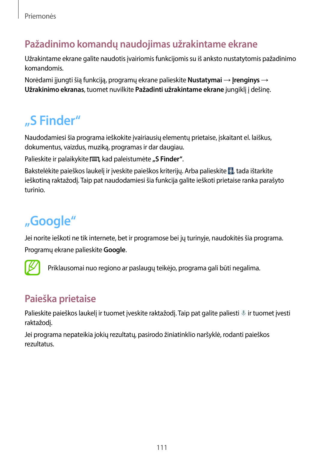 Samsung SM-P6050ZWESEB manual „S Finder, „Google, Pažadinimo komandų naudojimas užrakintame ekrane, Paieška prietaise 