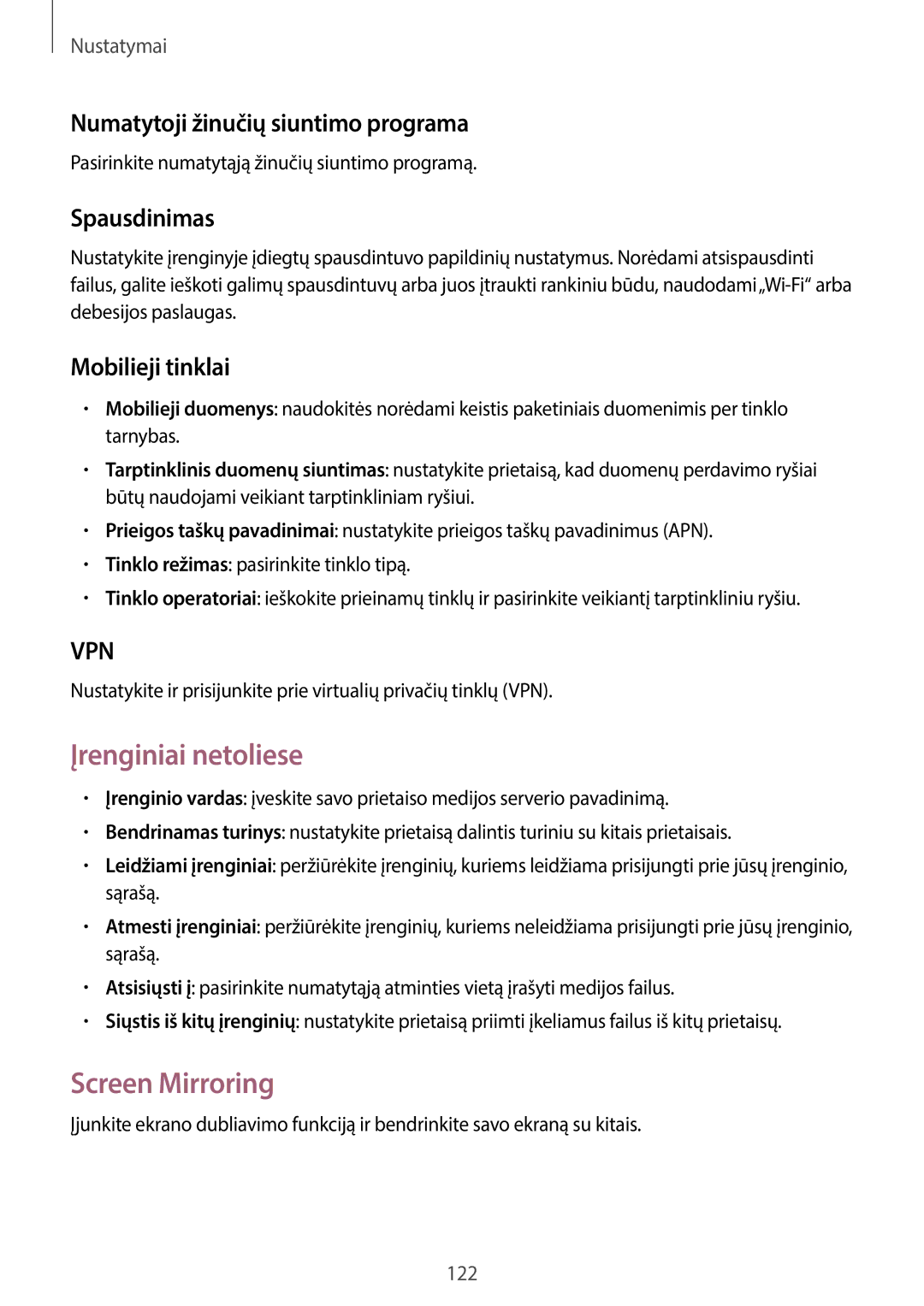 Samsung SM-P6050ZKESEB manual Įrenginiai netoliese, Screen Mirroring, Numatytoji žinučių siuntimo programa, Spausdinimas 