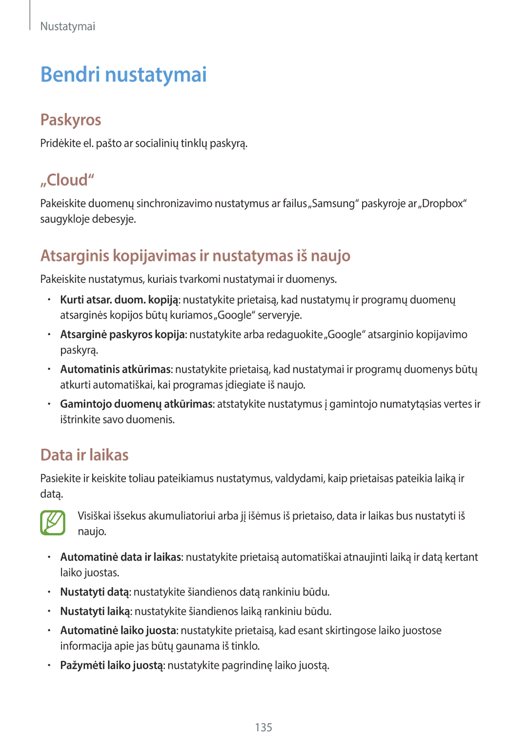 Samsung SM-P6050ZWESEB Bendri nustatymai, Paskyros, „Cloud, Atsarginis kopijavimas ir nustatymas iš naujo, Data ir laikas 