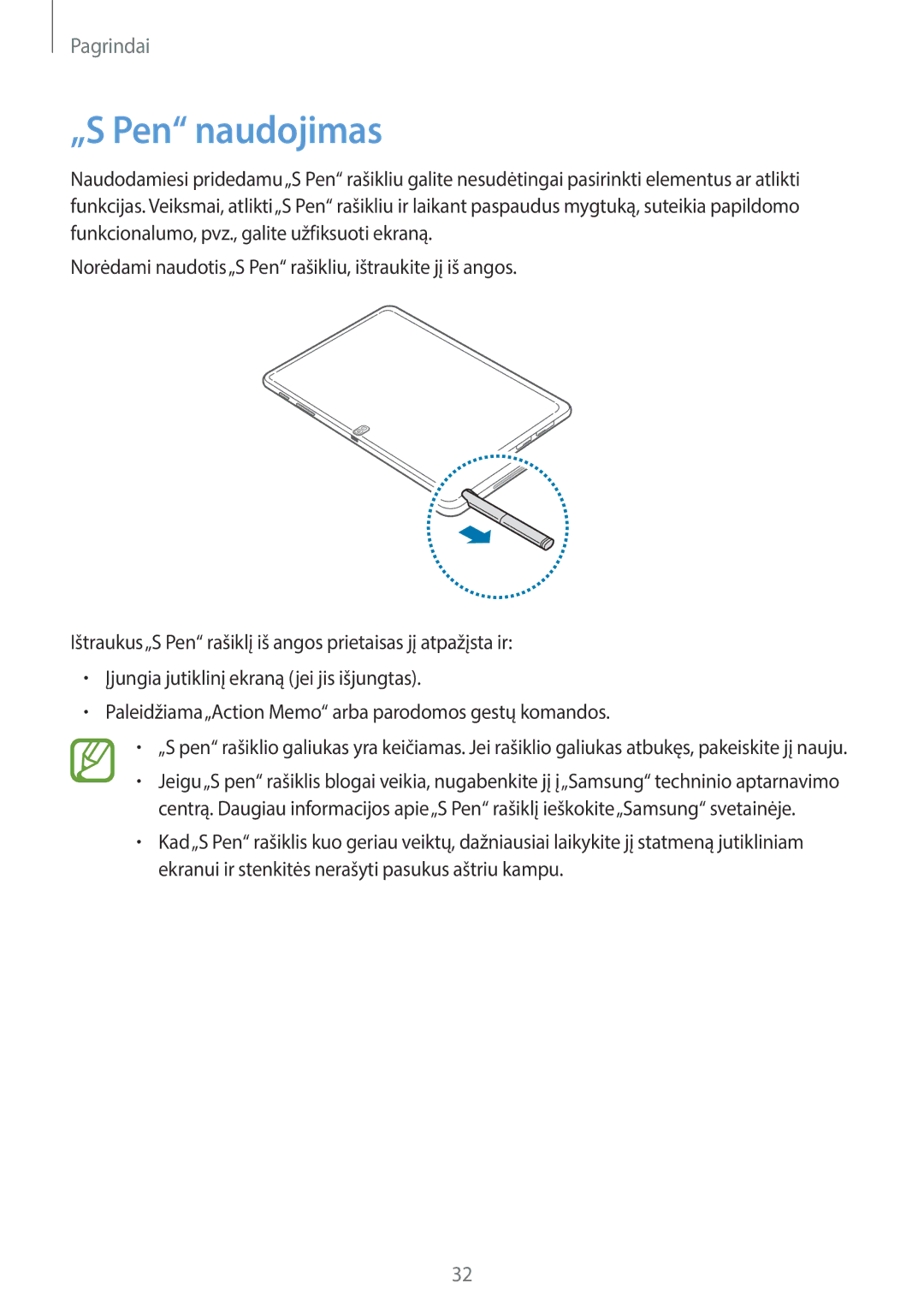 Samsung SM-P6050ZWASEB, SM-P6050ZKASEB, SM-P6050ZKESEB, SM-P6050ZWESEB manual „S Pen naudojimas 