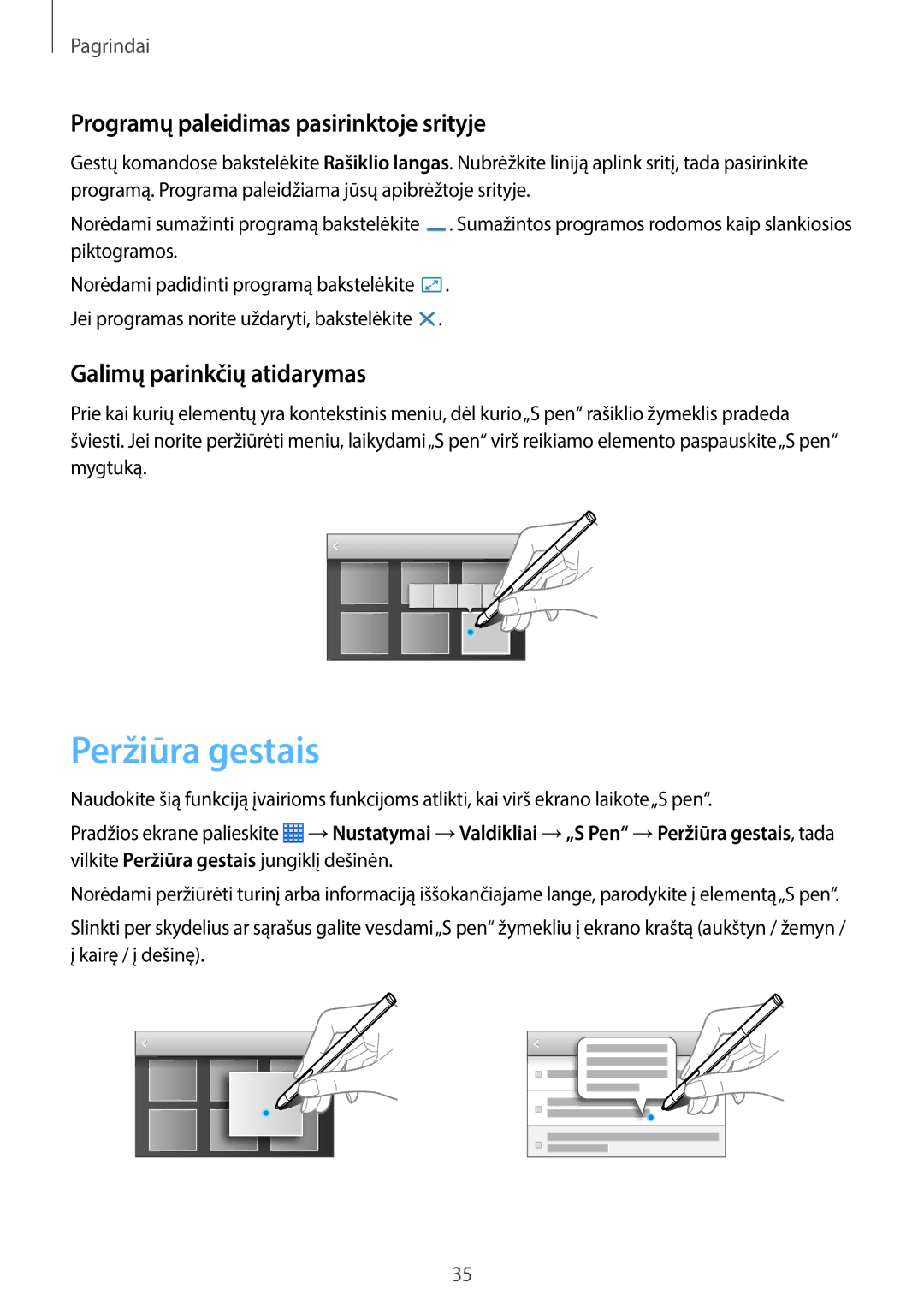 Samsung SM-P6050ZWESEB manual Peržiūra gestais, Programų paleidimas pasirinktoje srityje, Galimų parinkčių atidarymas 