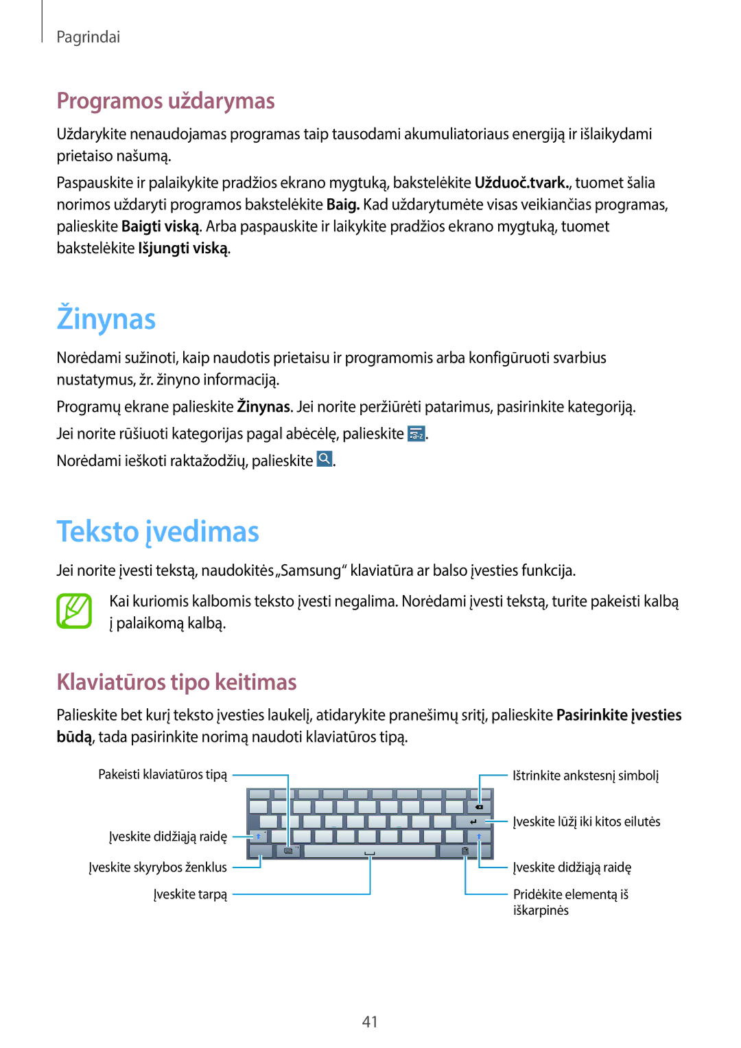Samsung SM-P6050ZKASEB, SM-P6050ZWASEB manual Žinynas, Teksto įvedimas, Programos uždarymas, Klaviatūros tipo keitimas 