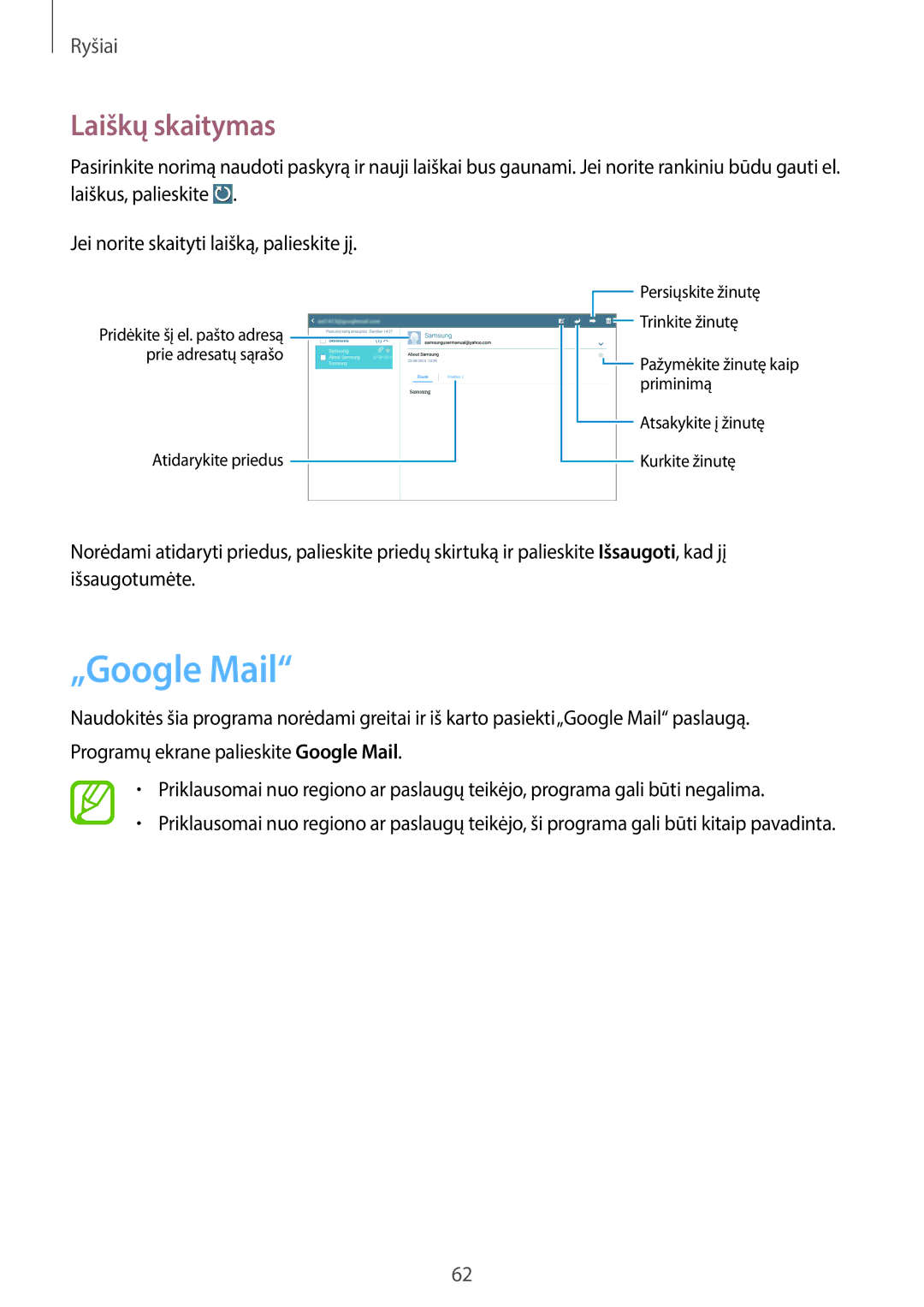Samsung SM-P6050ZKESEB, SM-P6050ZWASEB, SM-P6050ZKASEB, SM-P6050ZWESEB manual „Google Mail, Laiškų skaitymas 