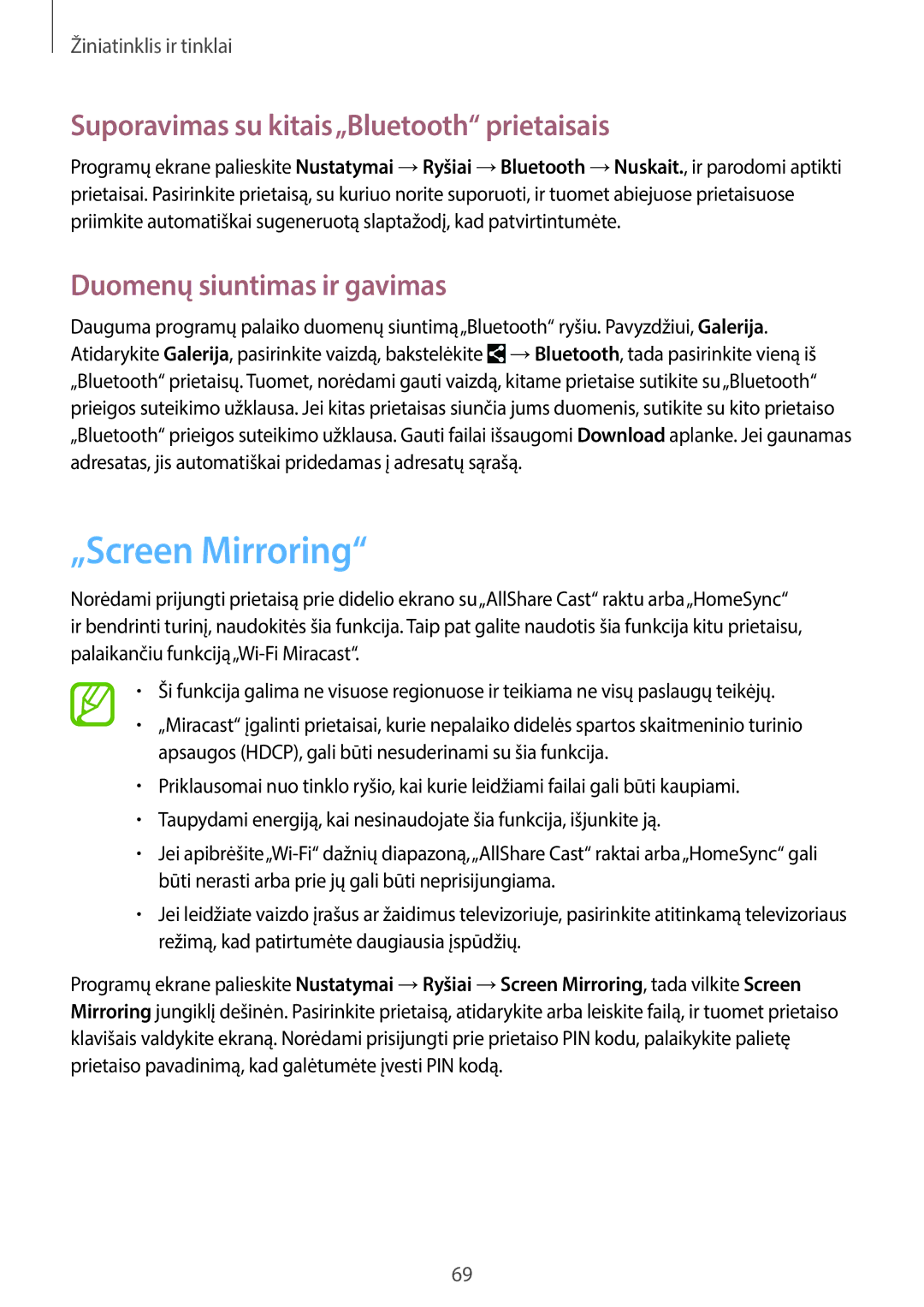 Samsung SM-P6050ZKASEB manual „Screen Mirroring, Suporavimas su kitais„Bluetooth prietaisais, Duomenų siuntimas ir gavimas 