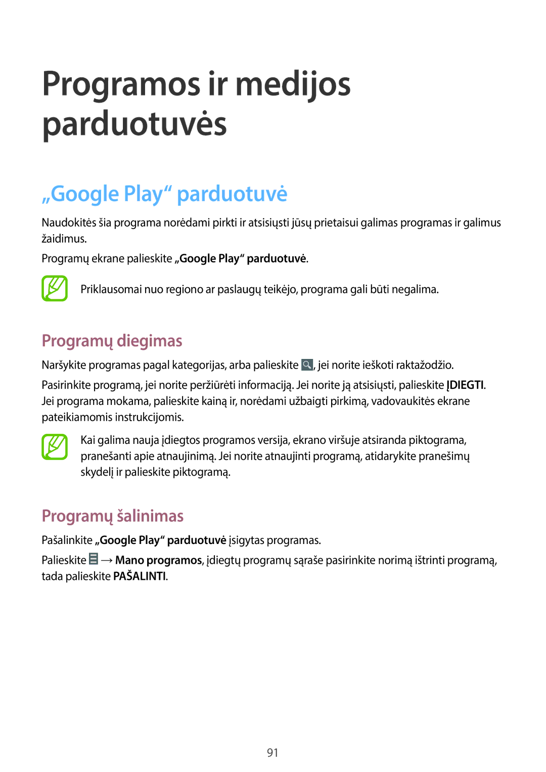 Samsung SM-P6050ZWESEB, SM-P6050ZWASEB, SM-P6050ZKASEB manual Programos ir medijos parduotuvės, „Google Play parduotuvė 