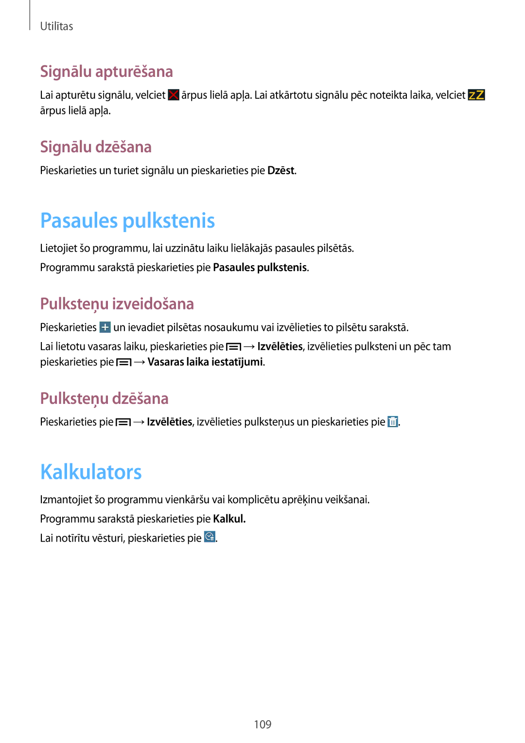 Samsung SM-P6050ZKASEB, SM-P6050ZWASEB, SM-P6050ZKESEB, SM-P6050ZWESEB manual Pasaules pulkstenis, Kalkulators 