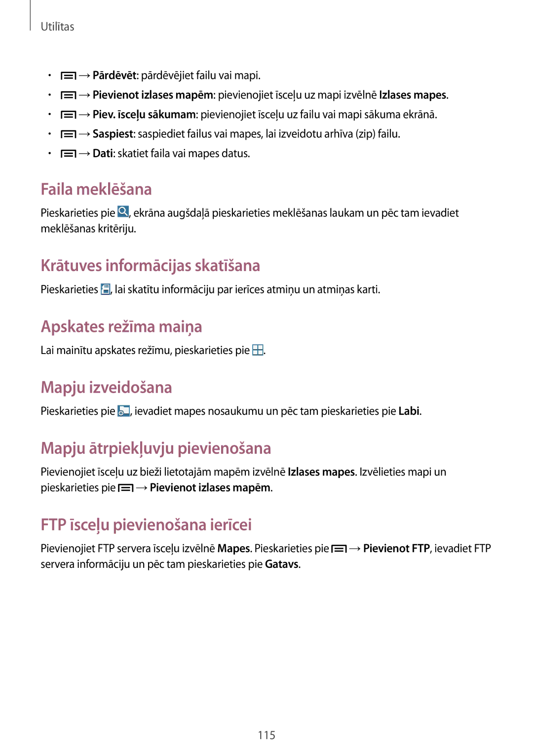 Samsung SM-P6050ZWESEB manual Faila meklēšana, Krātuves informācijas skatīšana, Apskates režīma maiņa, Mapju izveidošana 