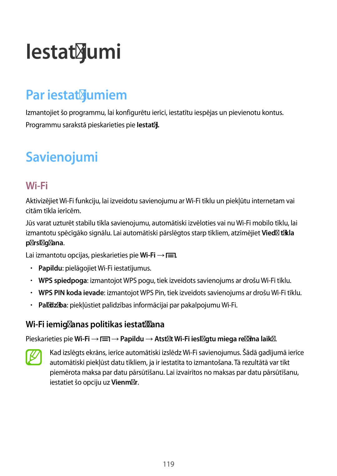 Samsung SM-P6050ZWESEB manual Iestatījumi, Par iestatījumiem, Savienojumi, Wi-Fi iemigšanas politikas iestatīšana 