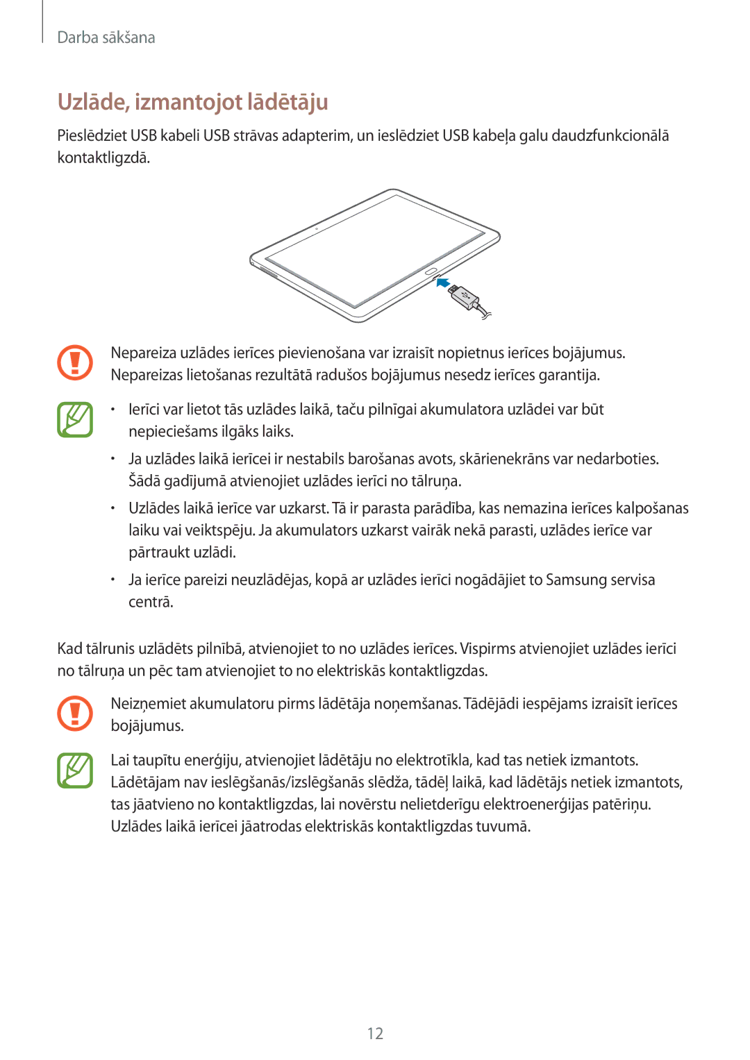 Samsung SM-P6050ZWASEB, SM-P6050ZKASEB, SM-P6050ZKESEB, SM-P6050ZWESEB manual Uzlāde, izmantojot lādētāju 