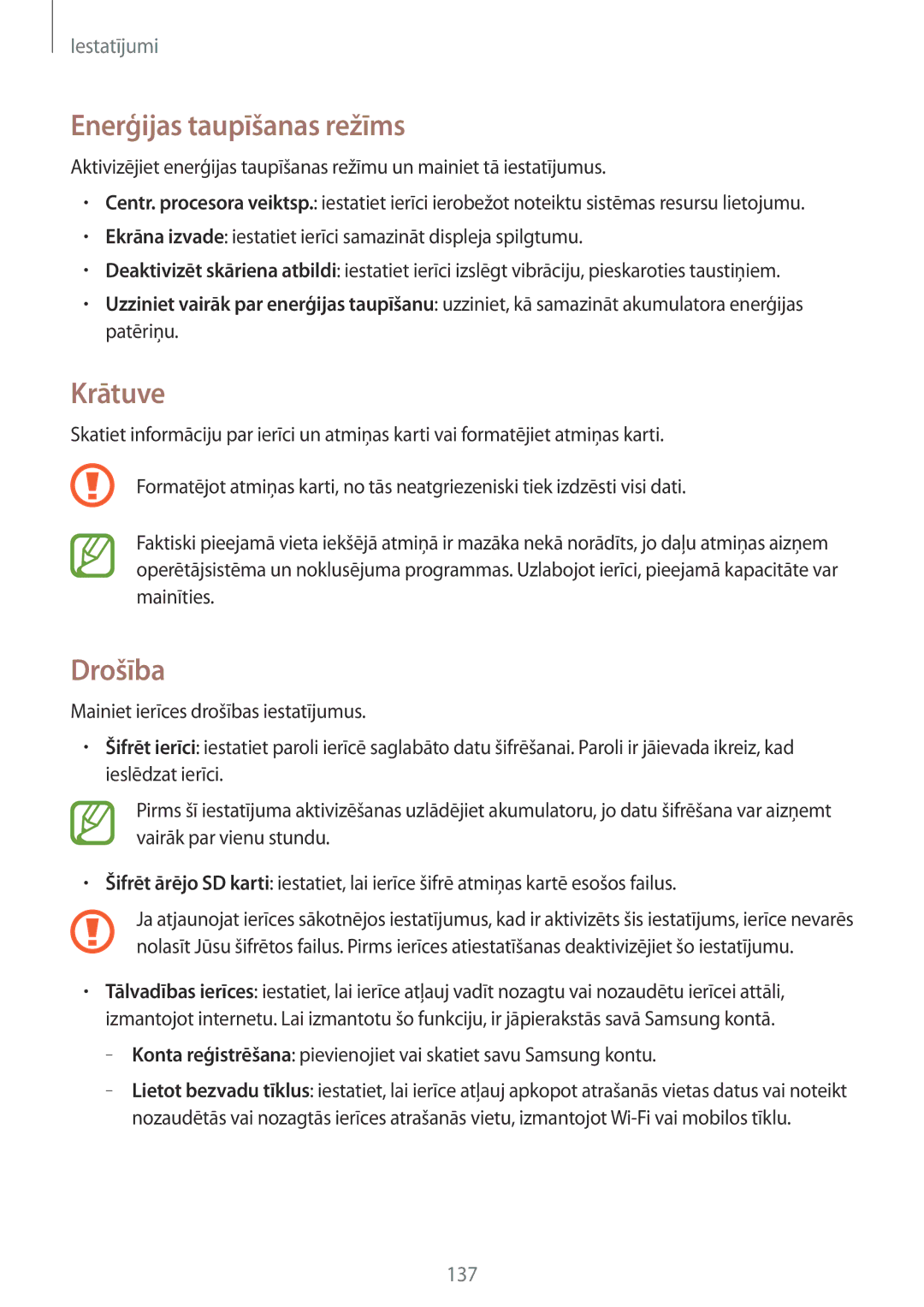 Samsung SM-P6050ZKASEB, SM-P6050ZWASEB, SM-P6050ZKESEB, SM-P6050ZWESEB manual Enerģijas taupīšanas režīms, Krātuve, Drošība 