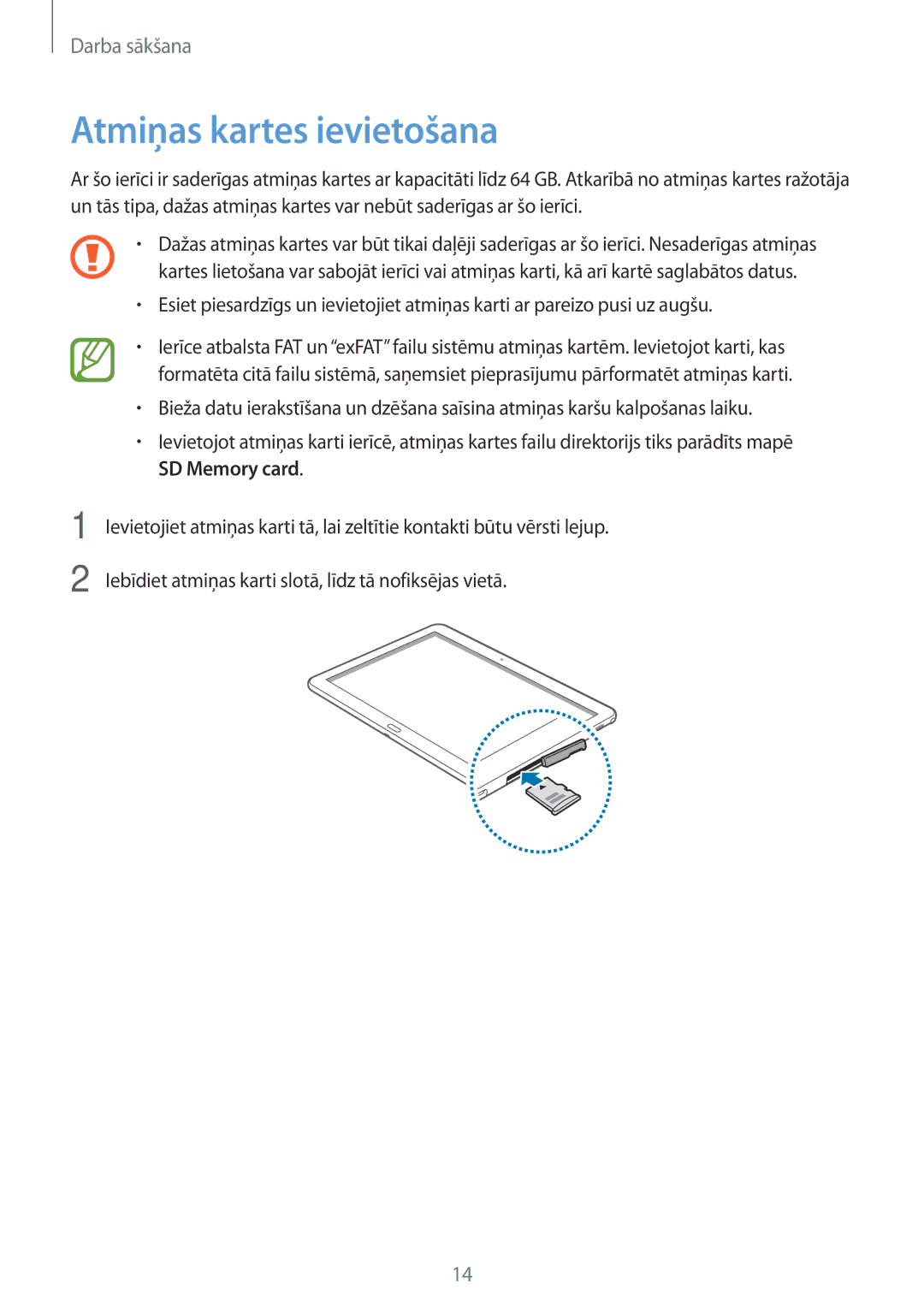 Samsung SM-P6050ZKESEB, SM-P6050ZWASEB, SM-P6050ZKASEB, SM-P6050ZWESEB manual Atmiņas kartes ievietošana 