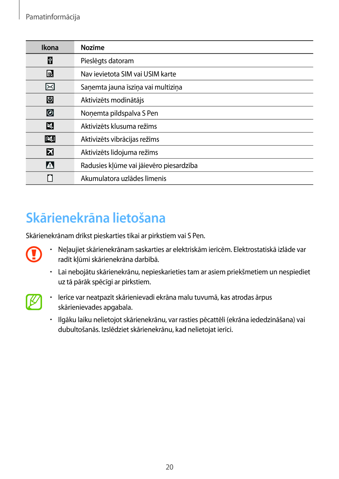 Samsung SM-P6050ZWASEB, SM-P6050ZKASEB, SM-P6050ZKESEB, SM-P6050ZWESEB manual Skārienekrāna lietošana, Pamatinformācija 