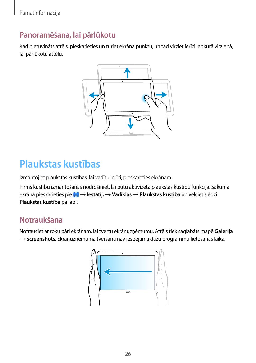 Samsung SM-P6050ZKESEB manual Plaukstas kustības, Panoramēšana, lai pārlūkotu, Notraukšana, Plaukstas kustība pa labi 