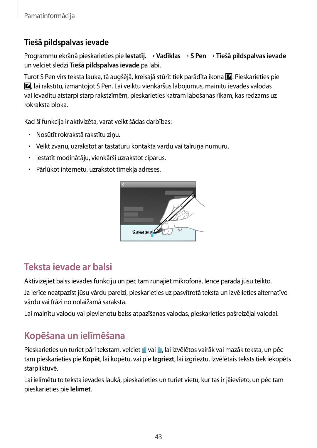 Samsung SM-P6050ZWESEB, SM-P6050ZWASEB manual Teksta ievade ar balsi, Kopēšana un ielīmēšana, Tiešā pildspalvas ievade 