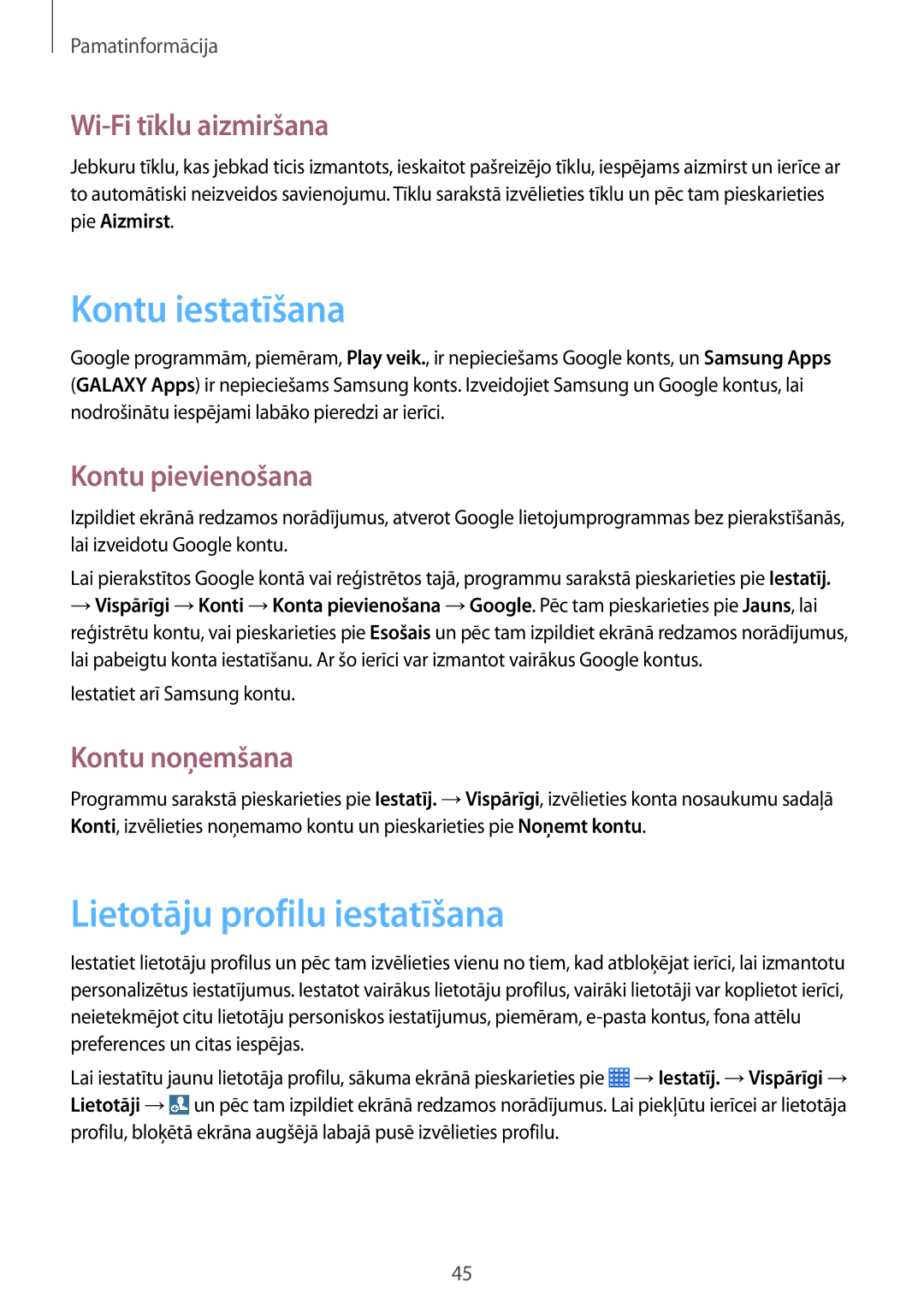 Samsung SM-P6050ZKASEB manual Kontu iestatīšana, Lietotāju profilu iestatīšana, Wi-Fi tīklu aizmiršana, Kontu pievienošana 
