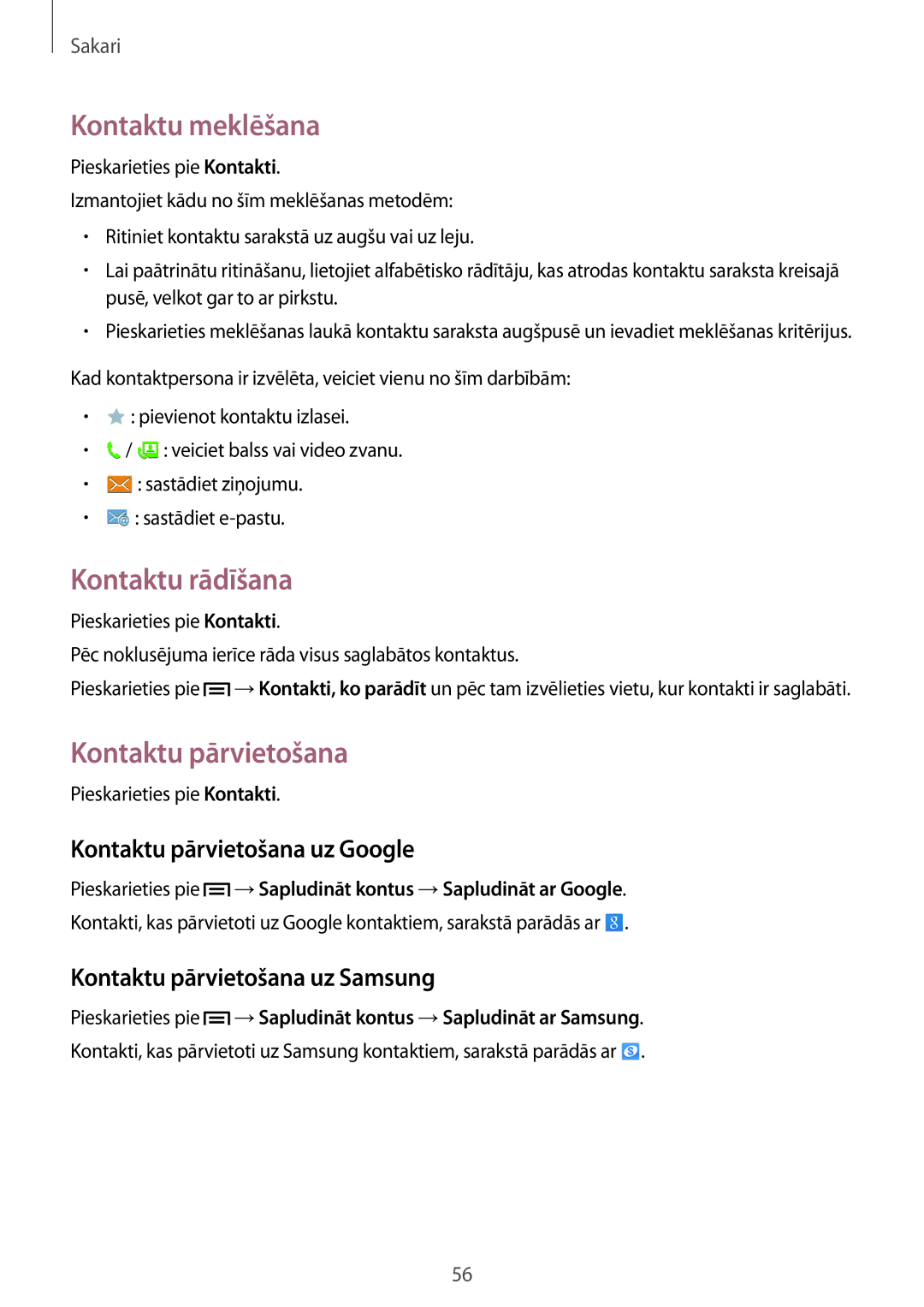 Samsung SM-P6050ZWASEB, SM-P6050ZKASEB manual Kontaktu meklēšana, Kontaktu rādīšana, Kontaktu pārvietošana uz Google 