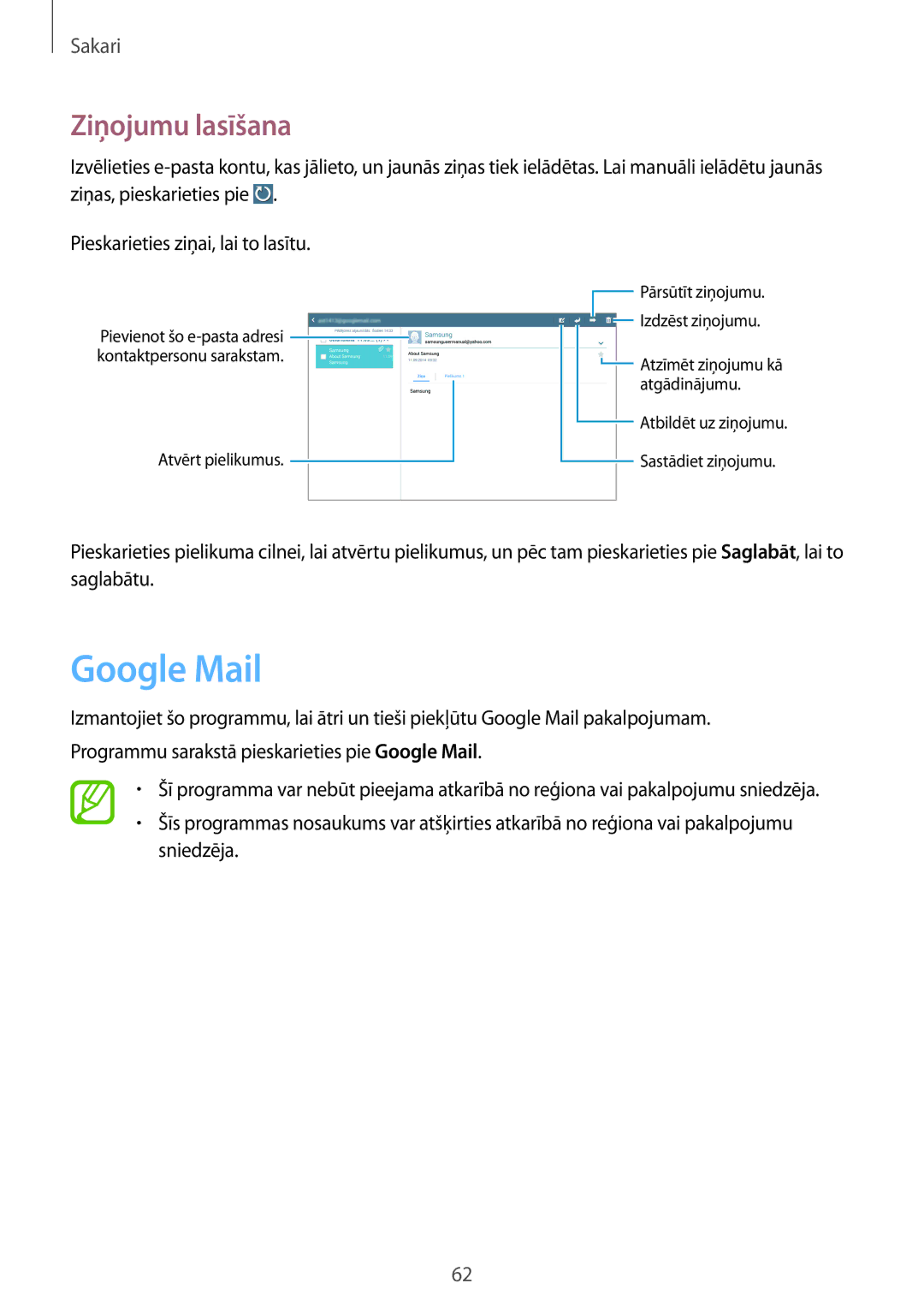 Samsung SM-P6050ZKESEB, SM-P6050ZWASEB, SM-P6050ZKASEB, SM-P6050ZWESEB manual Google Mail, Ziņojumu lasīšana 