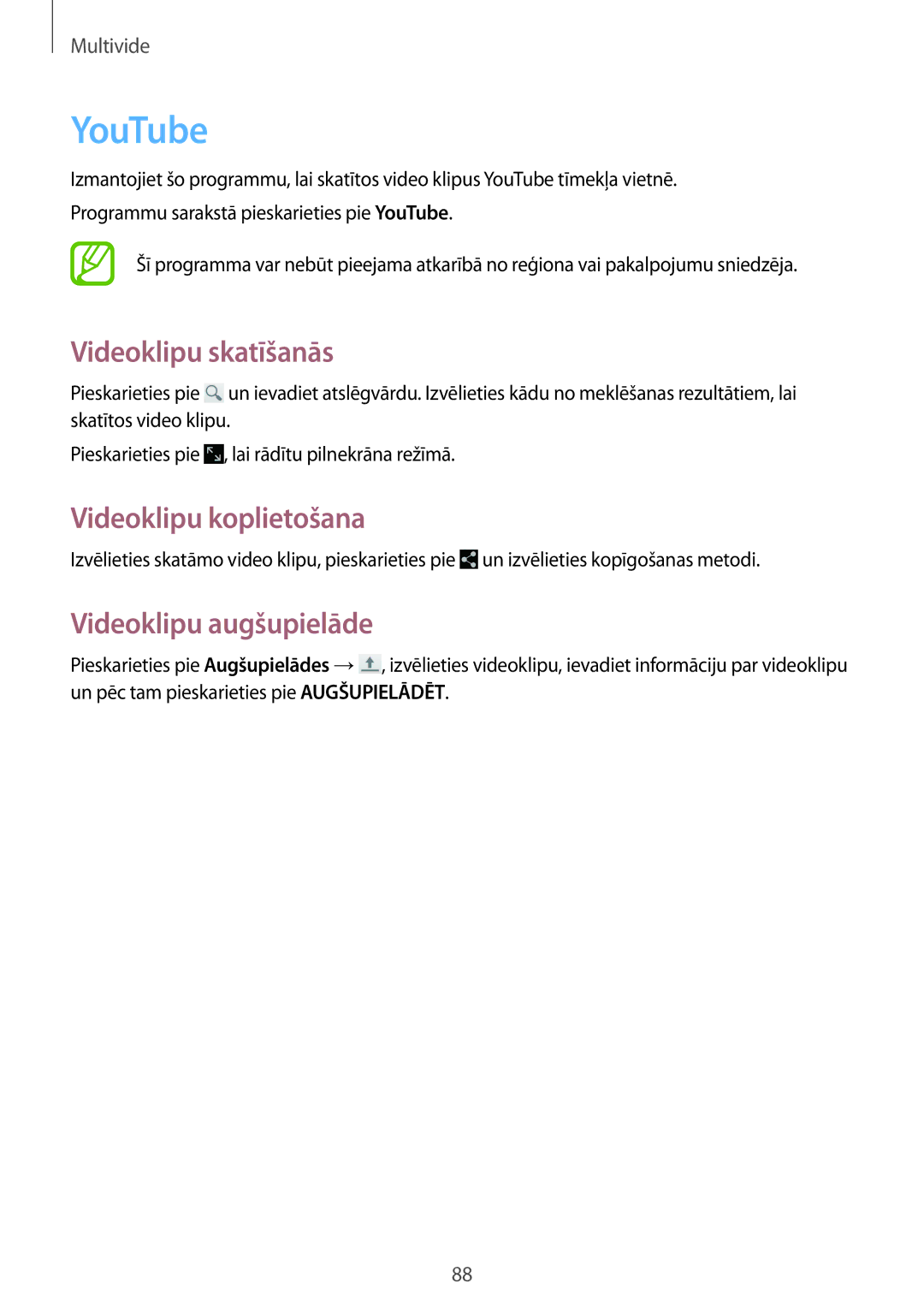 Samsung SM-P6050ZWASEB, SM-P6050ZKASEB, SM-P6050ZKESEB manual YouTube, Videoklipu skatīšanās, Videoklipu augšupielāde 