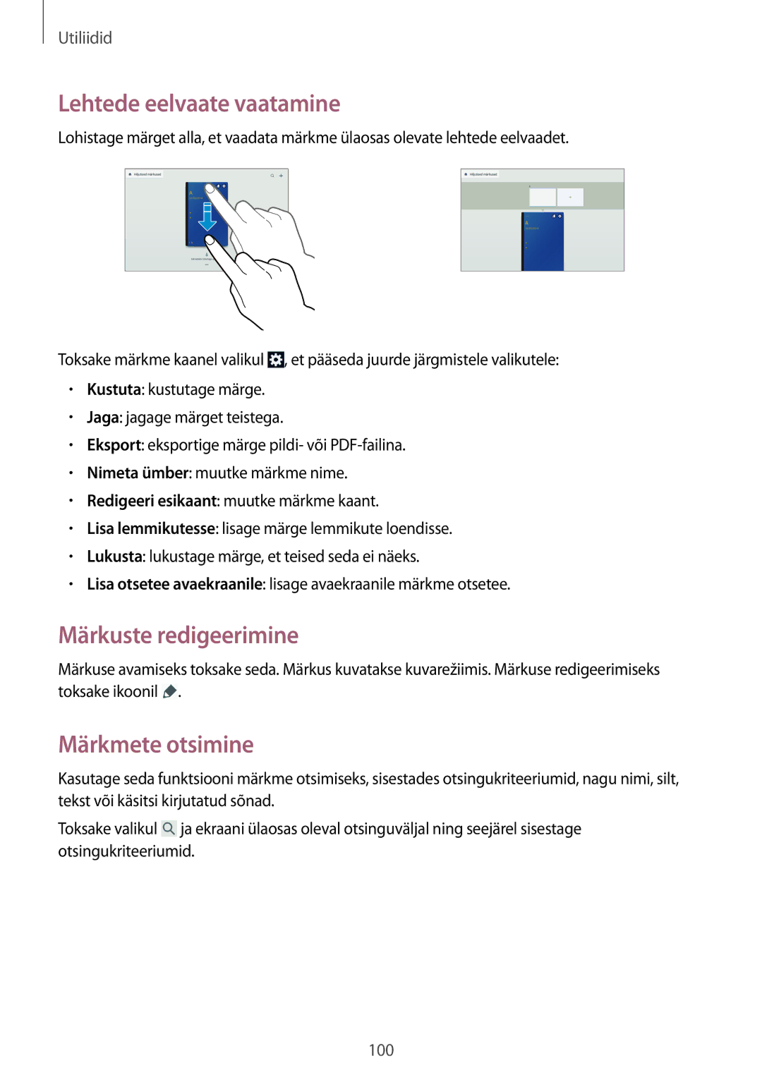 Samsung SM-P6050ZWASEB, SM-P6050ZKASEB manual Lehtede eelvaate vaatamine, Märkuste redigeerimine, Märkmete otsimine 