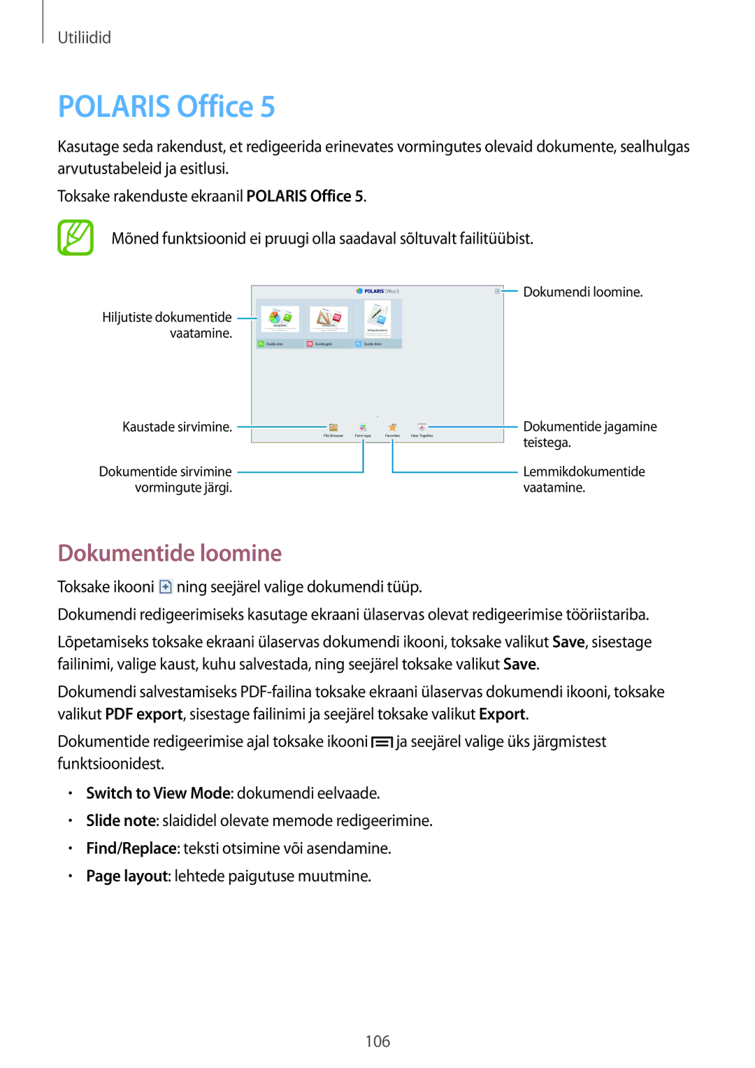 Samsung SM-P6050ZKESEB, SM-P6050ZWASEB, SM-P6050ZKASEB, SM-P6050ZWESEB manual Polaris Office, Dokumentide loomine 