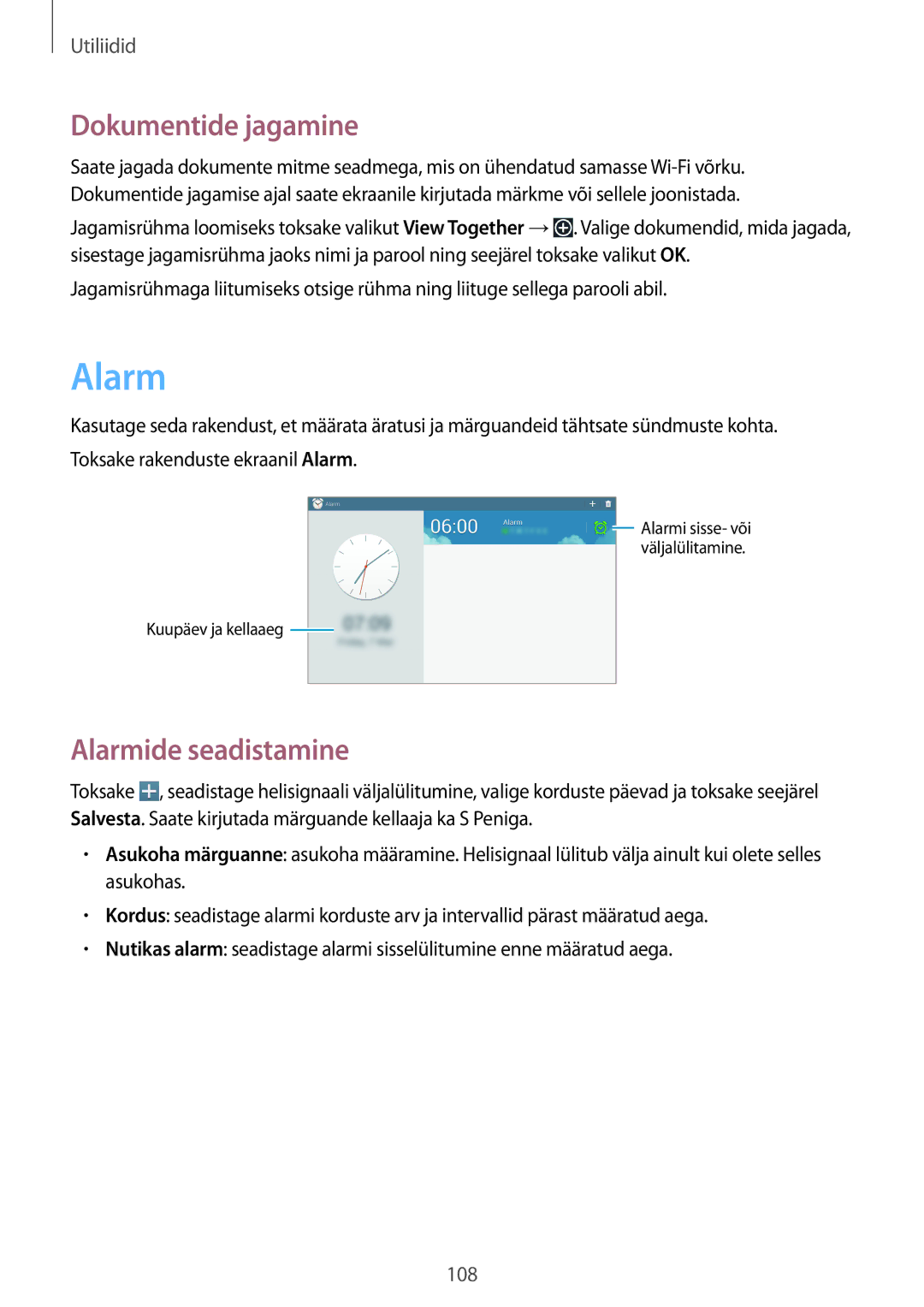 Samsung SM-P6050ZWASEB, SM-P6050ZKASEB, SM-P6050ZKESEB, SM-P6050ZWESEB manual Dokumentide jagamine, Alarmide seadistamine 