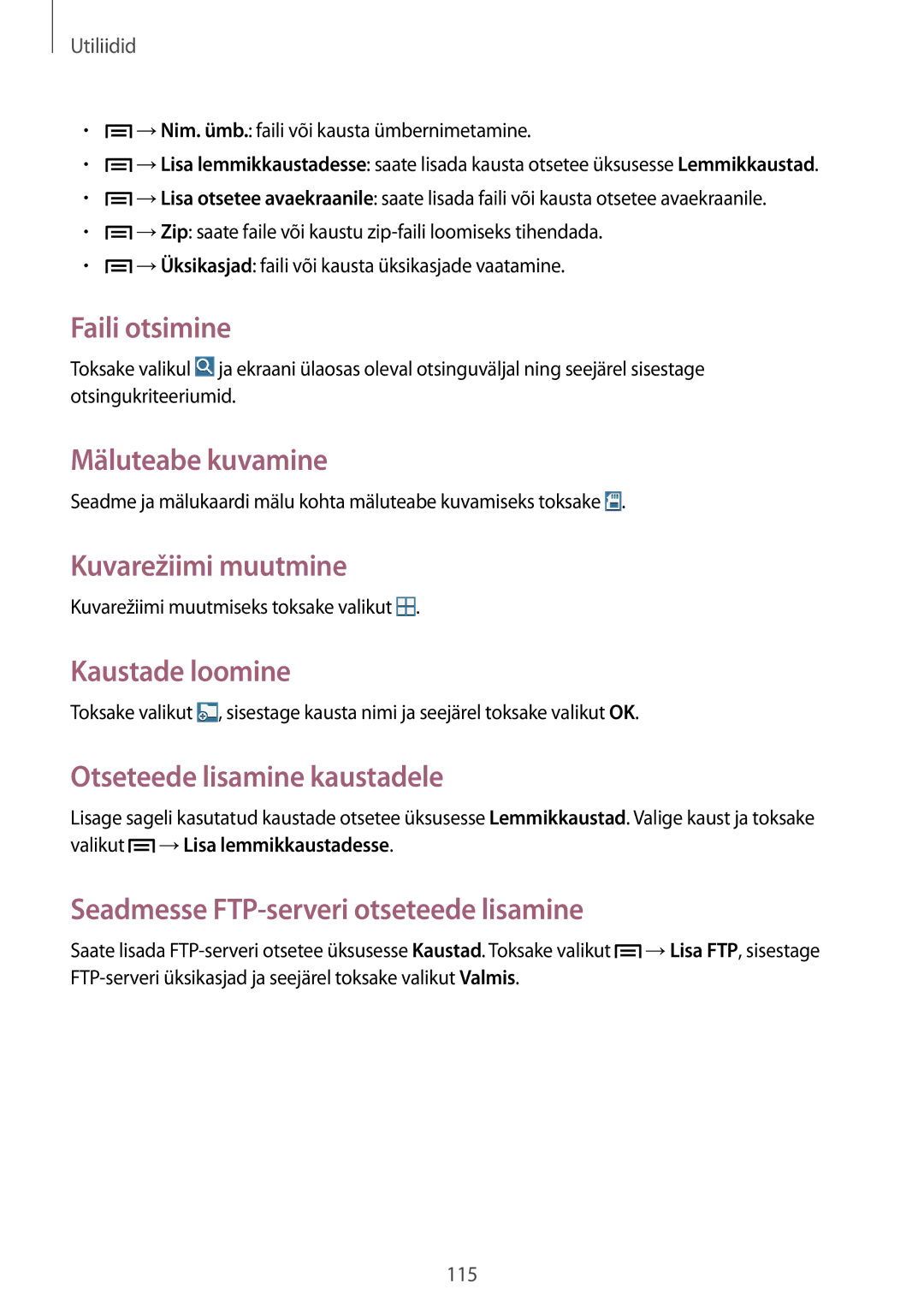 Samsung SM-P6050ZWESEB, SM-P6050ZWASEB manual Faili otsimine, Mäluteabe kuvamine, Kuvarežiimi muutmine, Kaustade loomine 