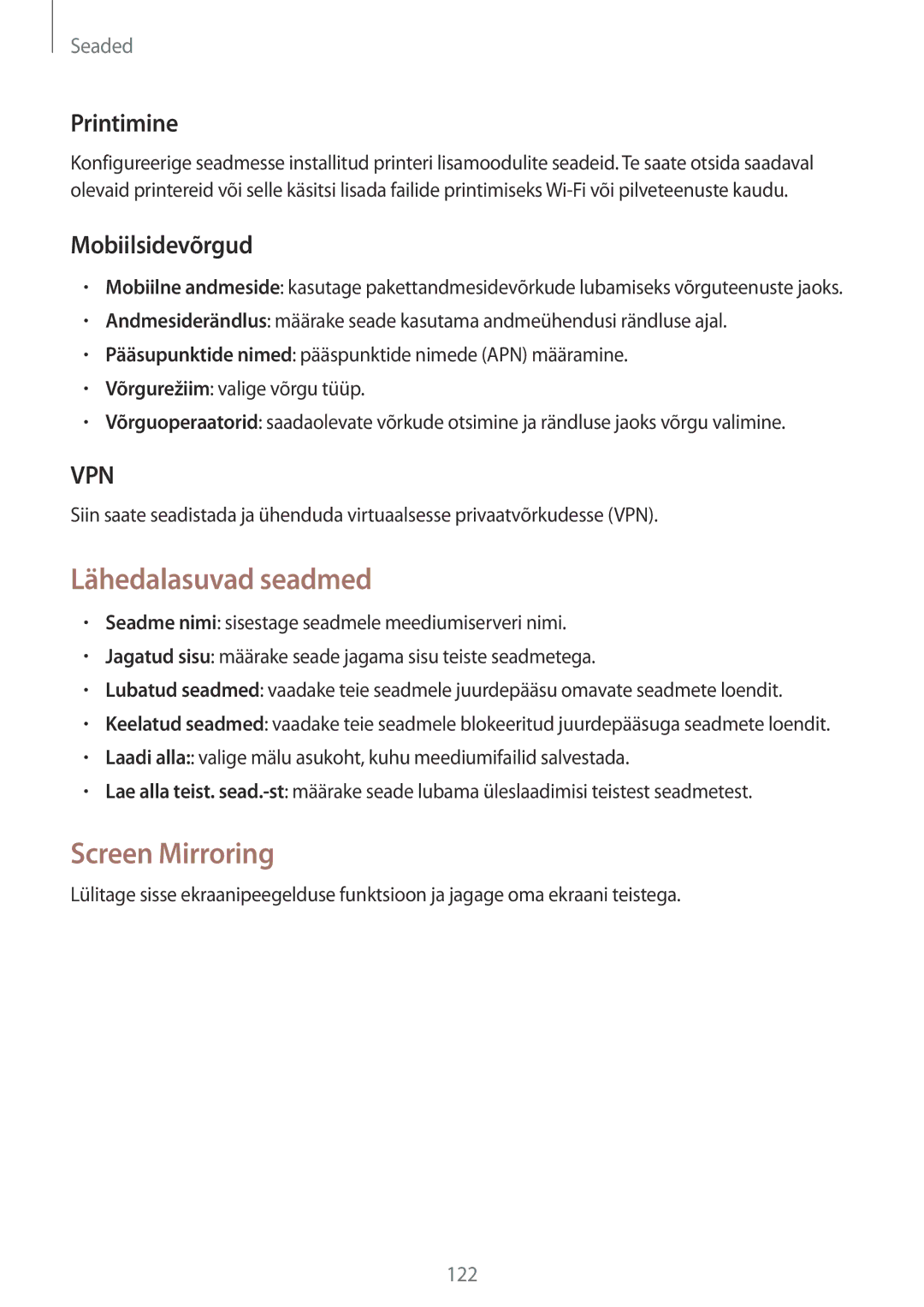 Samsung SM-P6050ZKESEB, SM-P6050ZWASEB manual Lähedalasuvad seadmed, Screen Mirroring, Printimine, Mobiilsidevõrgud 