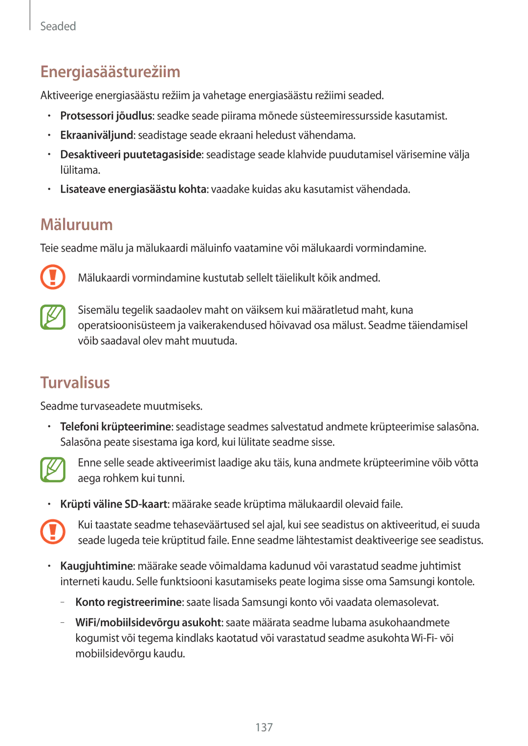 Samsung SM-P6050ZKASEB, SM-P6050ZWASEB, SM-P6050ZKESEB, SM-P6050ZWESEB manual Energiasäästurežiim, Mäluruum, Turvalisus 