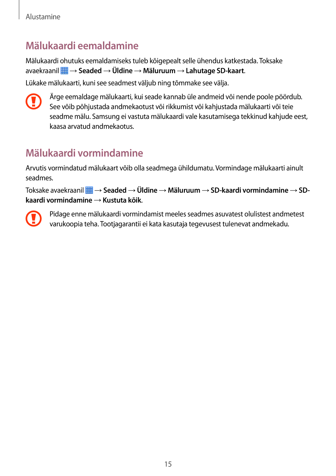 Samsung SM-P6050ZWESEB, SM-P6050ZWASEB, SM-P6050ZKASEB, SM-P6050ZKESEB manual Mälukaardi eemaldamine, Mälukaardi vormindamine 
