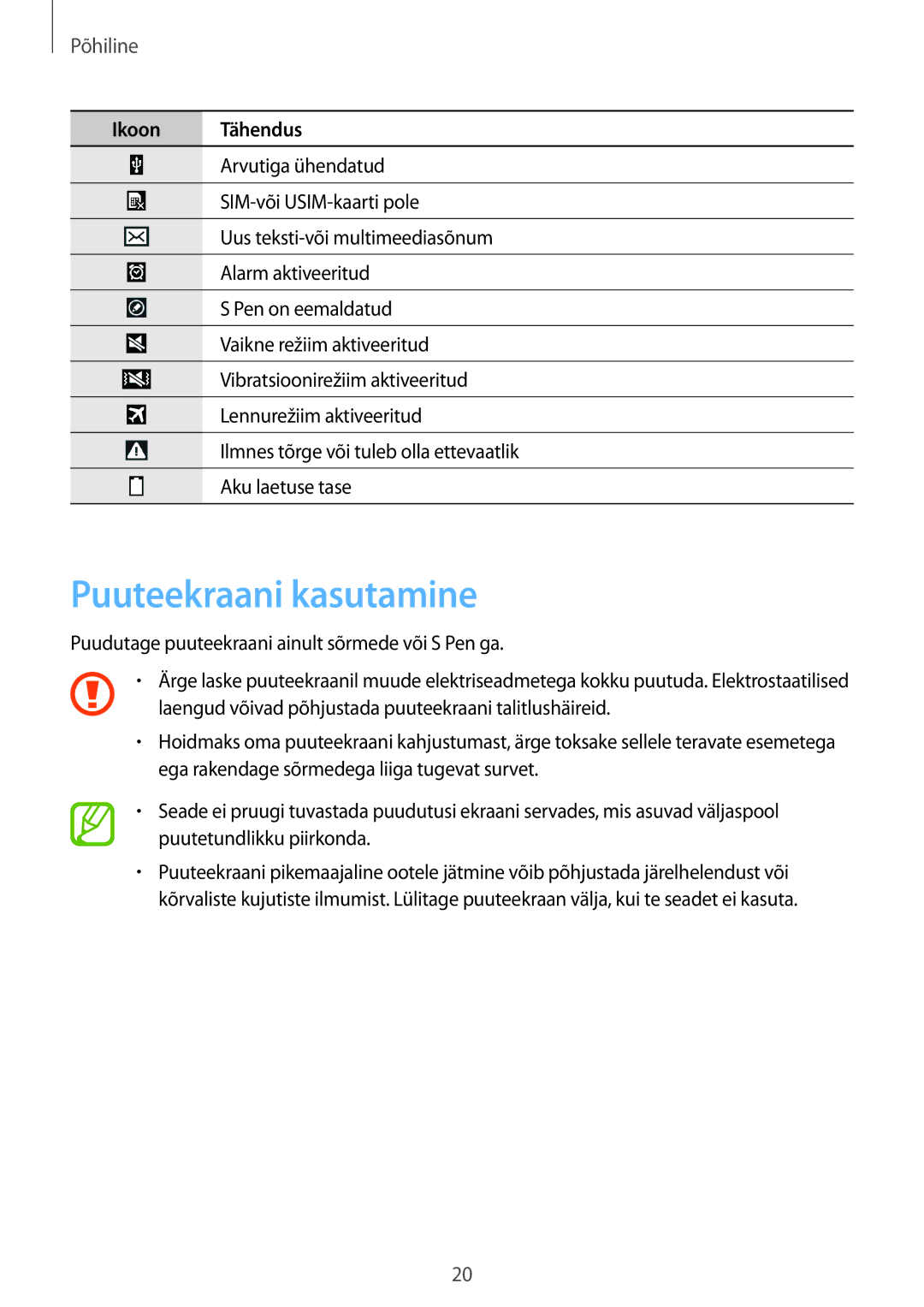 Samsung SM-P6050ZWASEB, SM-P6050ZKASEB, SM-P6050ZKESEB, SM-P6050ZWESEB manual Puuteekraani kasutamine, Põhiline 