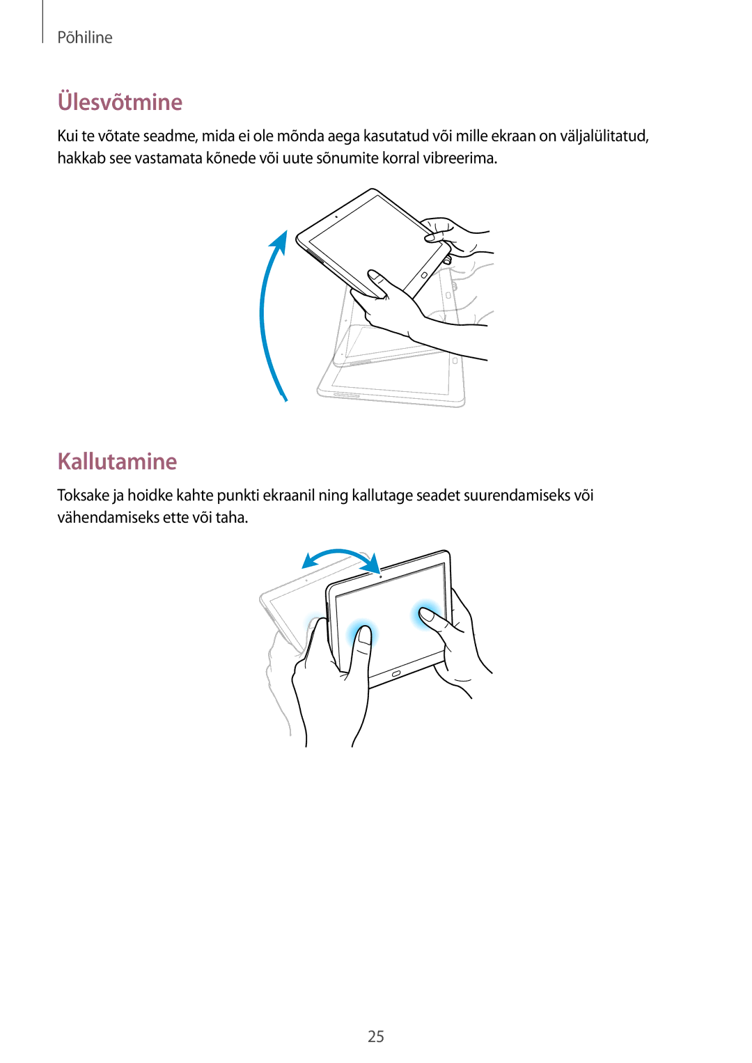 Samsung SM-P6050ZKASEB, SM-P6050ZWASEB, SM-P6050ZKESEB, SM-P6050ZWESEB manual Ülesvõtmine, Kallutamine 