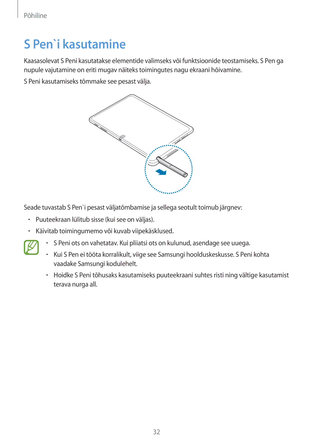 Samsung SM-P6050ZWASEB, SM-P6050ZKASEB, SM-P6050ZKESEB, SM-P6050ZWESEB manual Pen`i kasutamine 