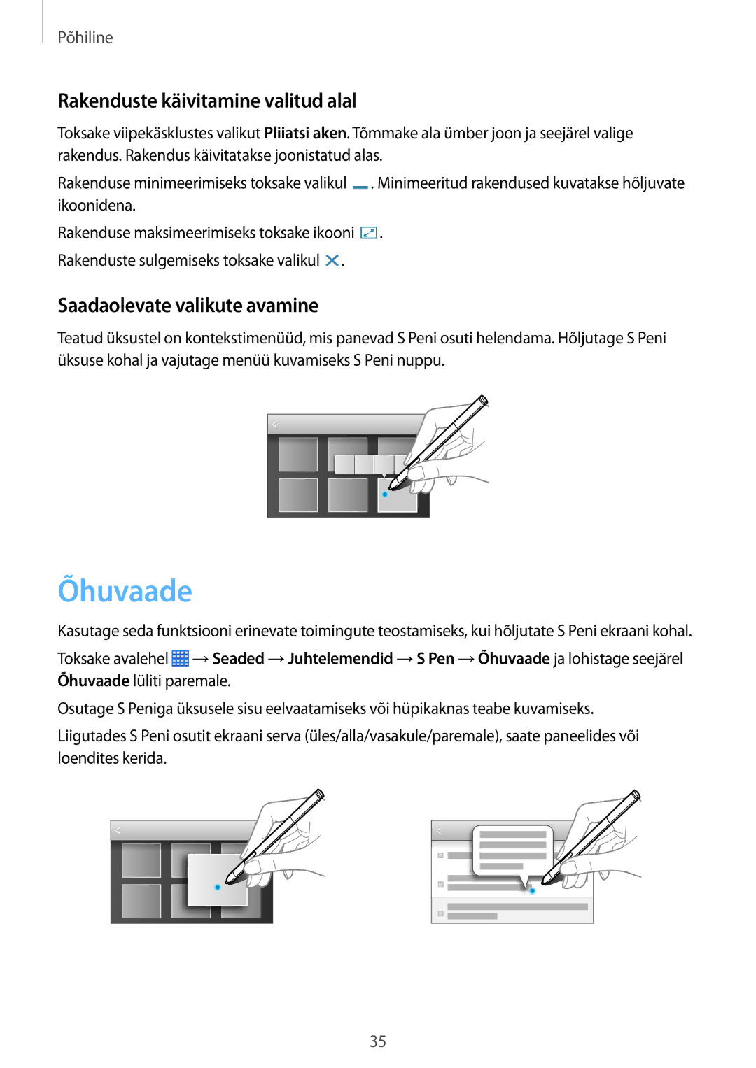 Samsung SM-P6050ZWESEB, SM-P6050ZWASEB manual Õhuvaade, Rakenduste käivitamine valitud alal, Saadaolevate valikute avamine 