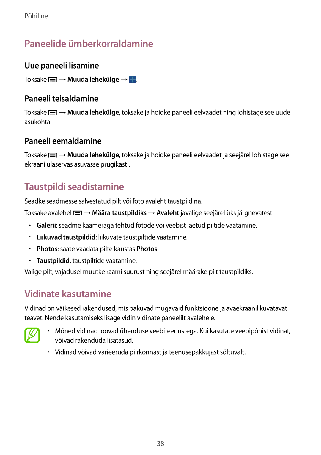 Samsung SM-P6050ZKESEB, SM-P6050ZWASEB manual Paneelide ümberkorraldamine, Taustpildi seadistamine, Vidinate kasutamine 