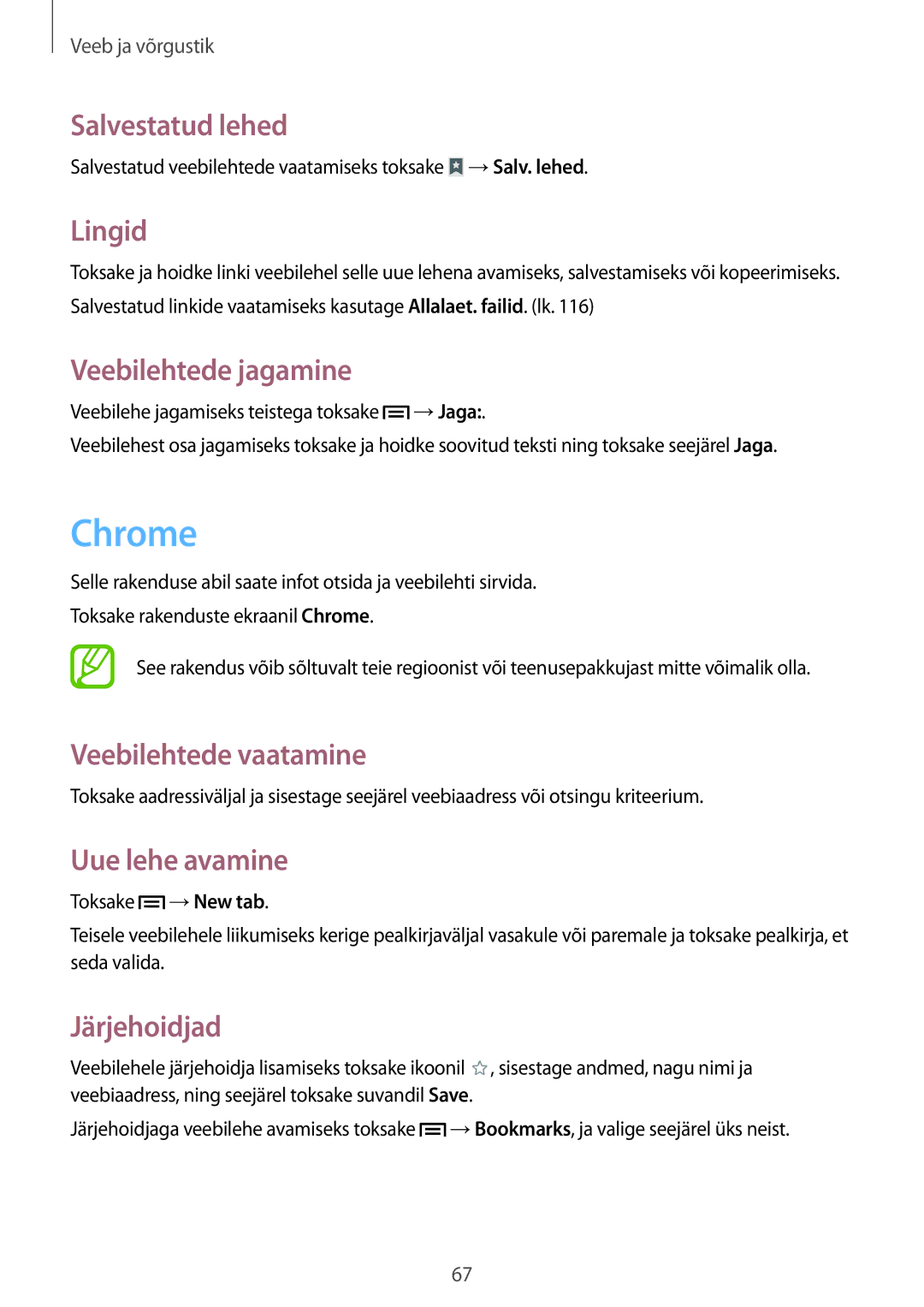 Samsung SM-P6050ZWESEB, SM-P6050ZWASEB, SM-P6050ZKASEB manual Chrome, Salvestatud lehed, Lingid, Veebilehtede jagamine 