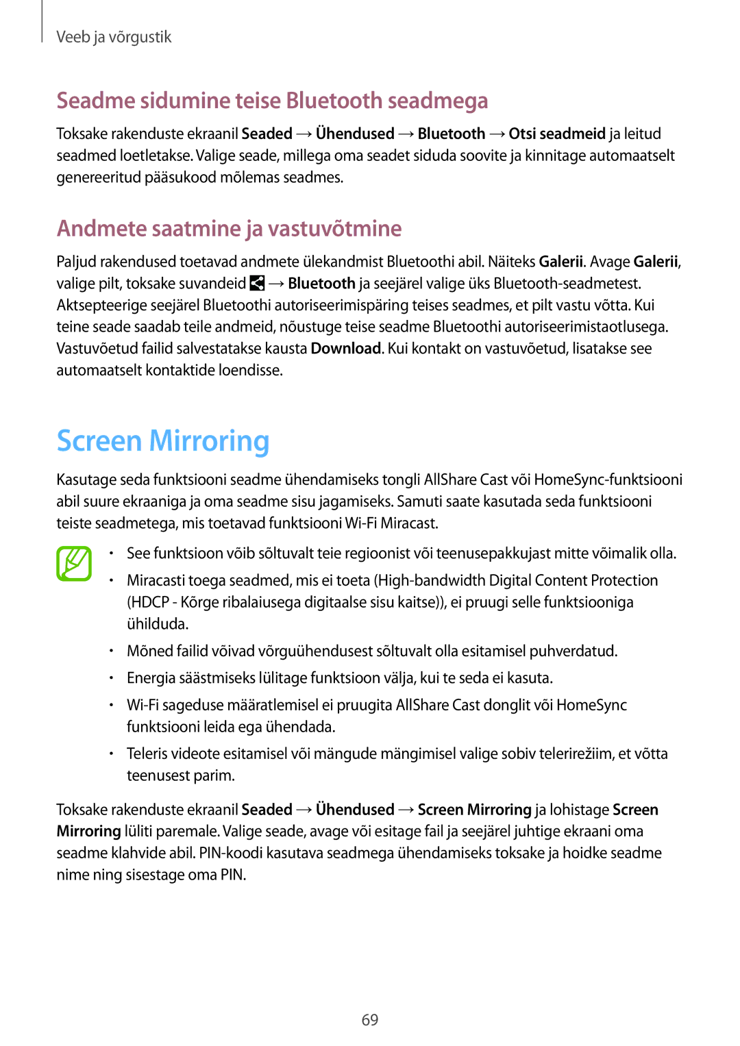 Samsung SM-P6050ZKASEB manual Screen Mirroring, Seadme sidumine teise Bluetooth seadmega, Andmete saatmine ja vastuvõtmine 