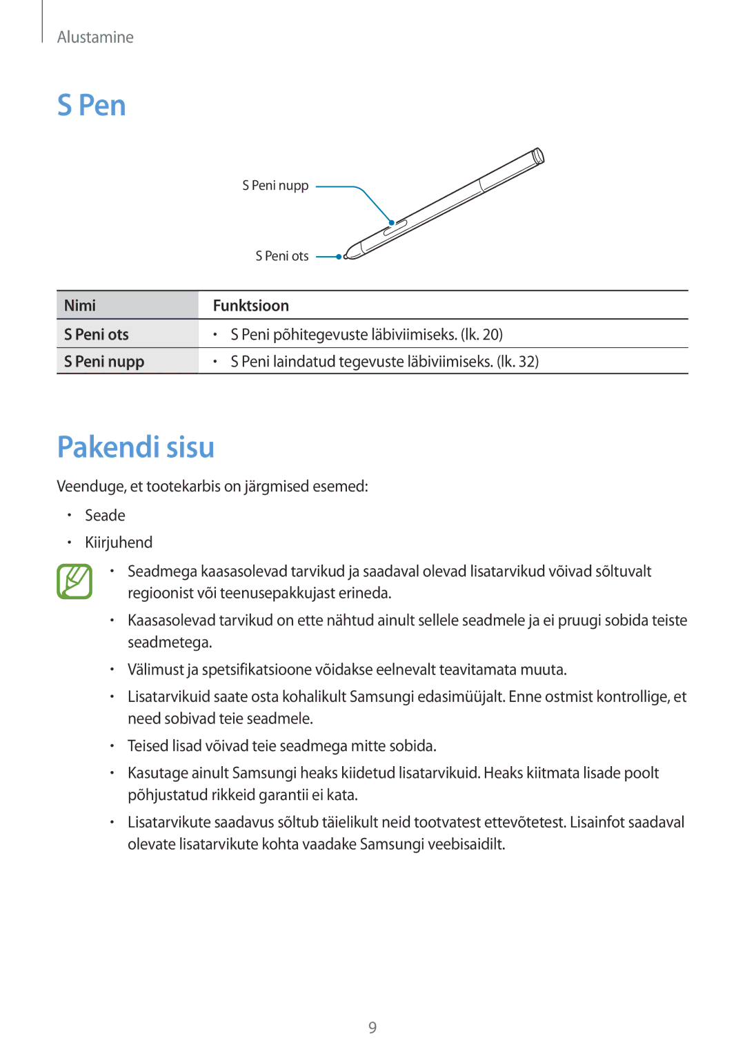 Samsung SM-P6050ZKASEB, SM-P6050ZWASEB, SM-P6050ZKESEB, SM-P6050ZWESEB manual Pen, Pakendi sisu 