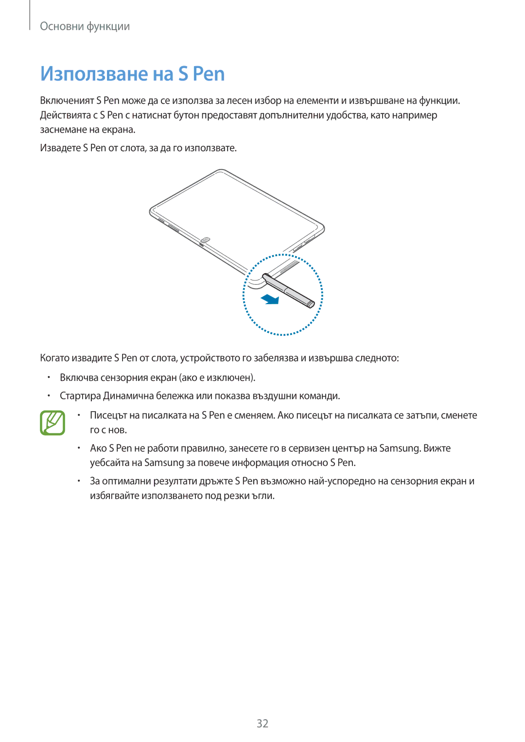 Samsung SM-P6050ZWEMTL, SM-P6050ZWABGL, SM-P6050ZKABGL, SM-P6050ZKAROM manual Използване на S Pen 