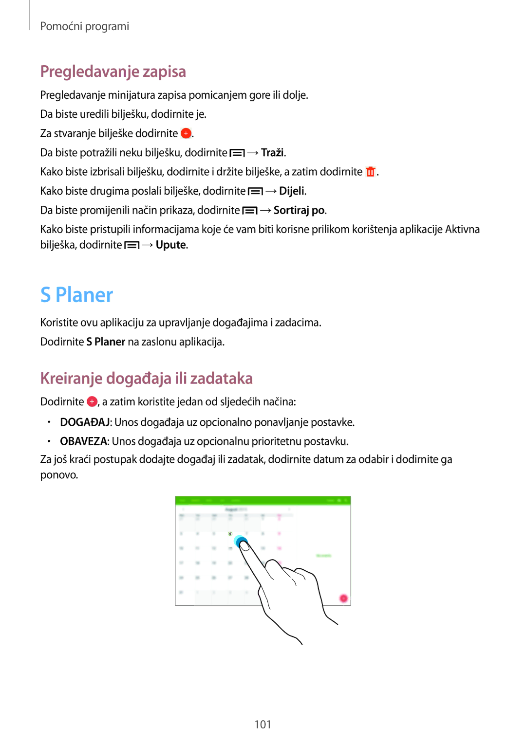 Samsung SM-P6050ZKASEE, SM-P6050ZWESEE, SM-P6050ZWASEE manual Planer, Pregledavanje zapisa, Kreiranje događaja ili zadataka 