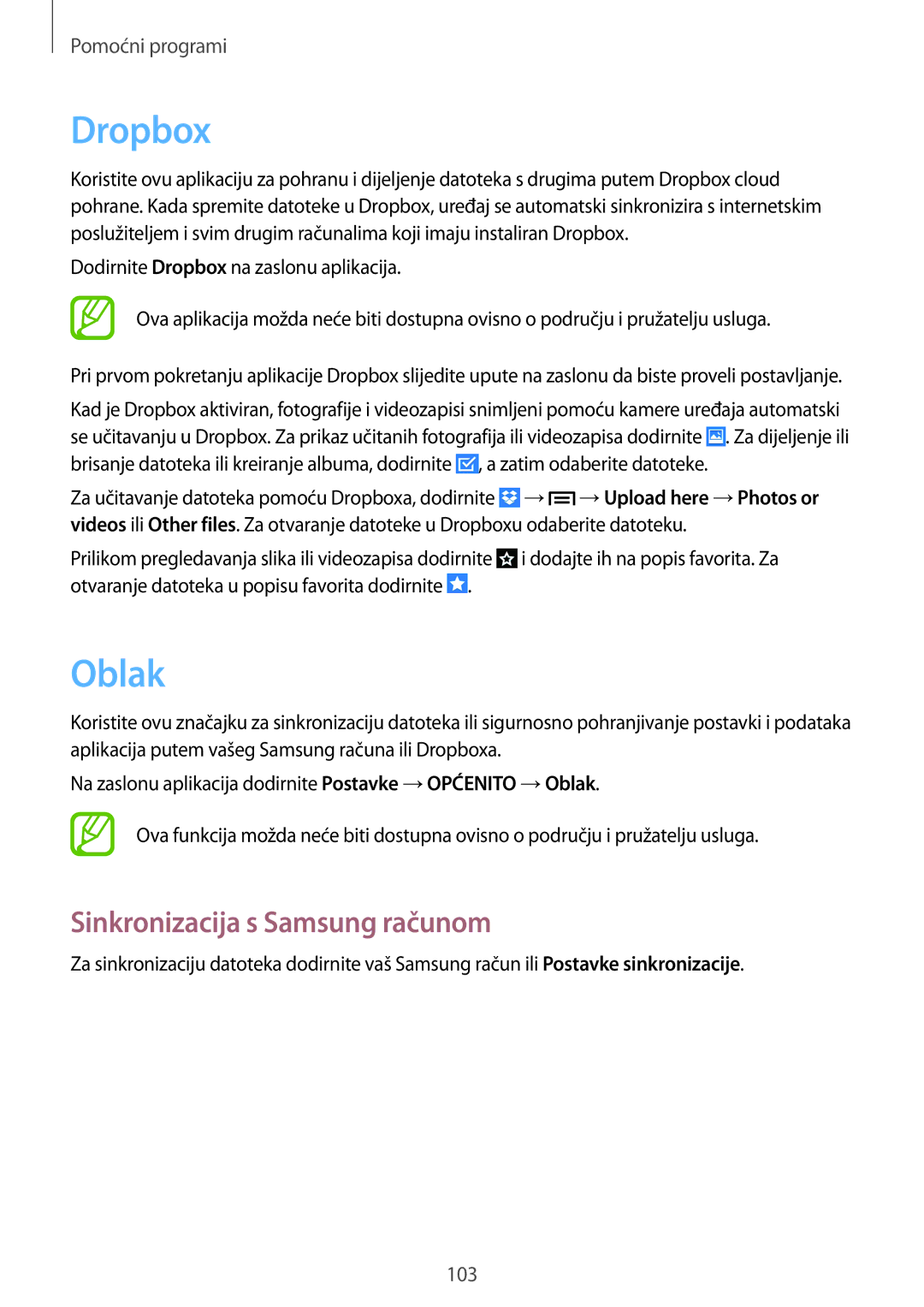 Samsung SM-P6050ZWAVIP, SM-P6050ZWESEE, SM-P6050ZKASEE, SM-P6050ZWASEE manual Dropbox, Oblak, Sinkronizacija s Samsung računom 