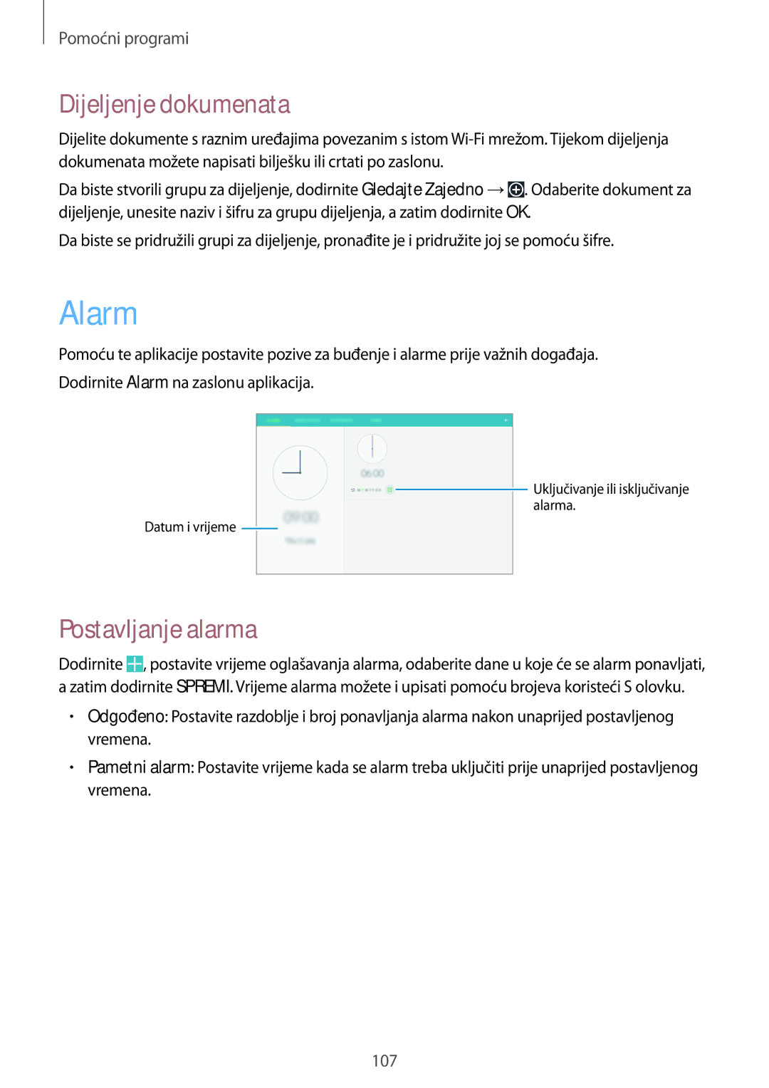 Samsung SM-P6050ZWASEE, SM-P6050ZWESEE, SM-P6050ZKASEE, SM-P6050ZWAVIP Alarm, Dijeljenje dokumenata, Postavljanje alarma 