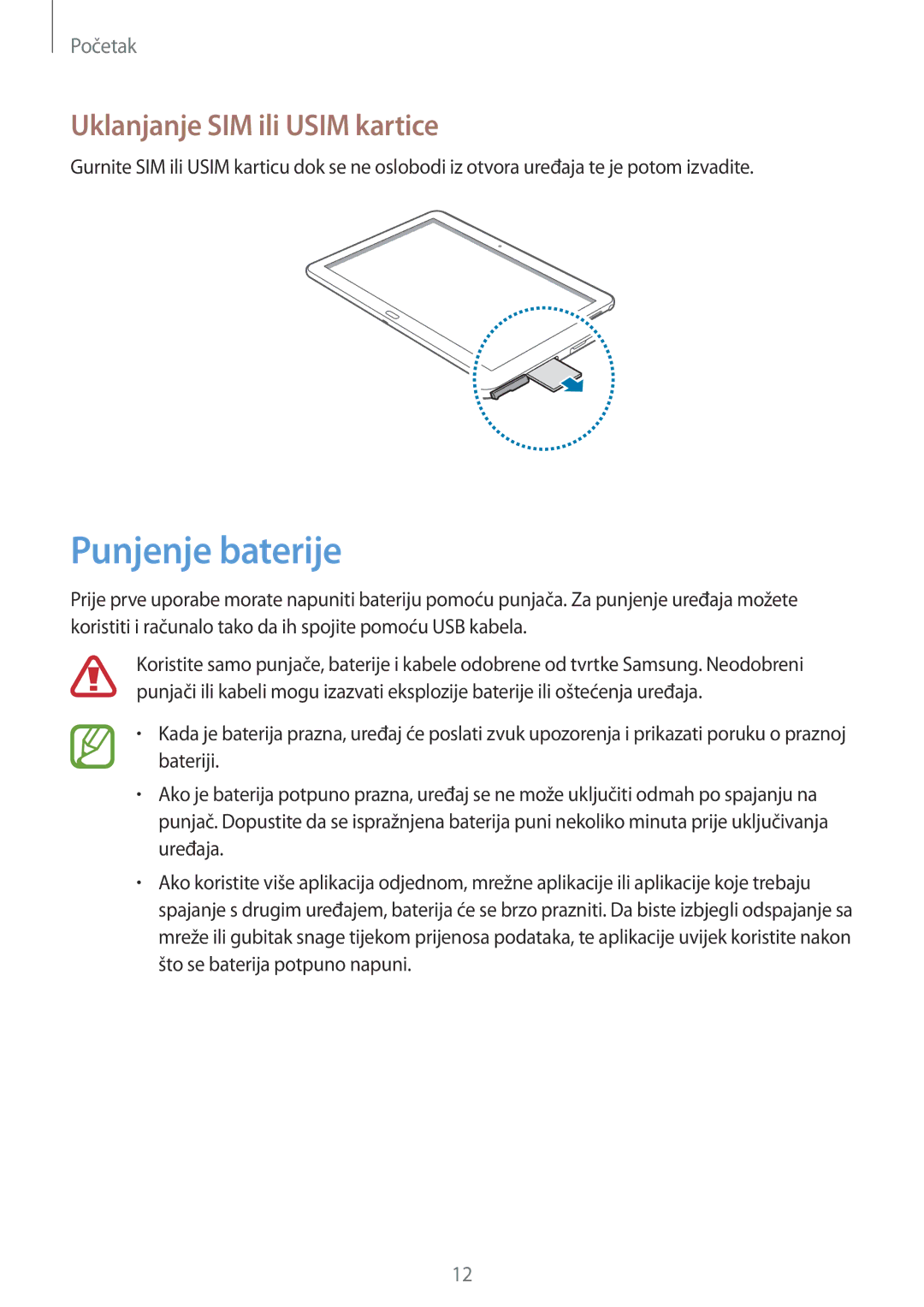 Samsung SM-P6050ZWASEE, SM-P6050ZWESEE, SM-P6050ZKASEE, SM-P6050ZWAVIP Punjenje baterije, Uklanjanje SIM ili Usim kartice 