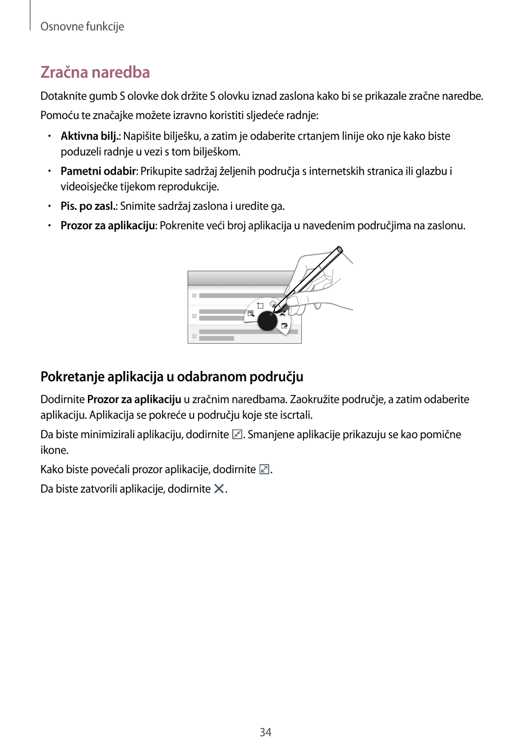 Samsung SM-P6050ZKESEE, SM-P6050ZWESEE, SM-P6050ZKASEE manual Zračna naredba, Pokretanje aplikacija u odabranom području 