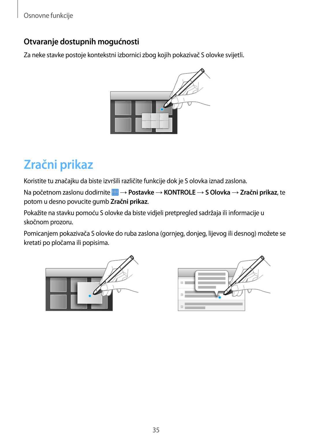 Samsung SM-P6050ZWESEE, SM-P6050ZKASEE, SM-P6050ZWASEE, SM-P6050ZWAVIP manual Zračni prikaz, Otvaranje dostupnih mogućnosti 